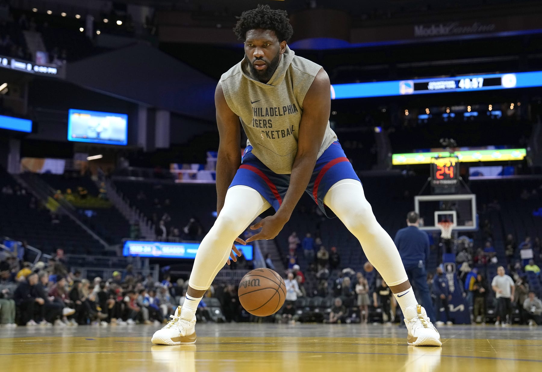 SAN FRANCISCO, CALIFORNIA - JANUARY 30: Joel Embiid #21 of the Philadelphia 76ers warms up prior to the start of an NBA basketball game against the Golden State Warriors at Chase Center on January 30, 2024 in San Francisco, California. NOTE TO USER: User expressly acknowledges and agrees that, by downloading and or using this photograph, User is consenting to the terms and conditions of the Getty Images License Agreement. (Photo by Thearon W. Henderson/Getty Images)