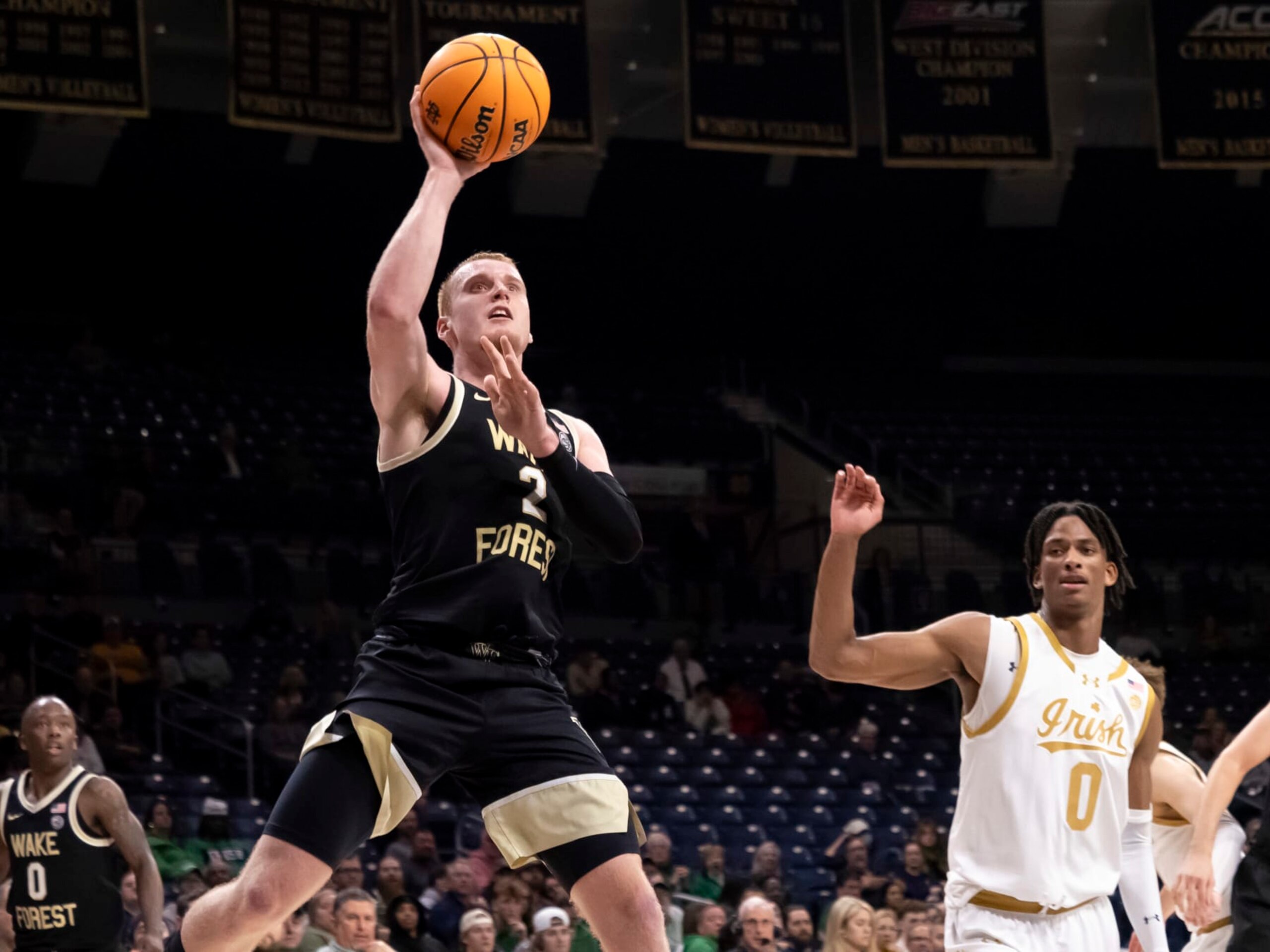SOUTH BEND, IN - FEBRUARY 27: Wake Forest Demon Deacons guard Cameron Hildreth (2) shoots the ball during a college basketball game between the Wake Forest Demon Deacons and the Notre Dame Fighting Irish on February 27, 2024 at Purcell Pavilion in South Bend, Indiana. (Photo by Joseph Weiser/Icon Sportswire via Getty Images)