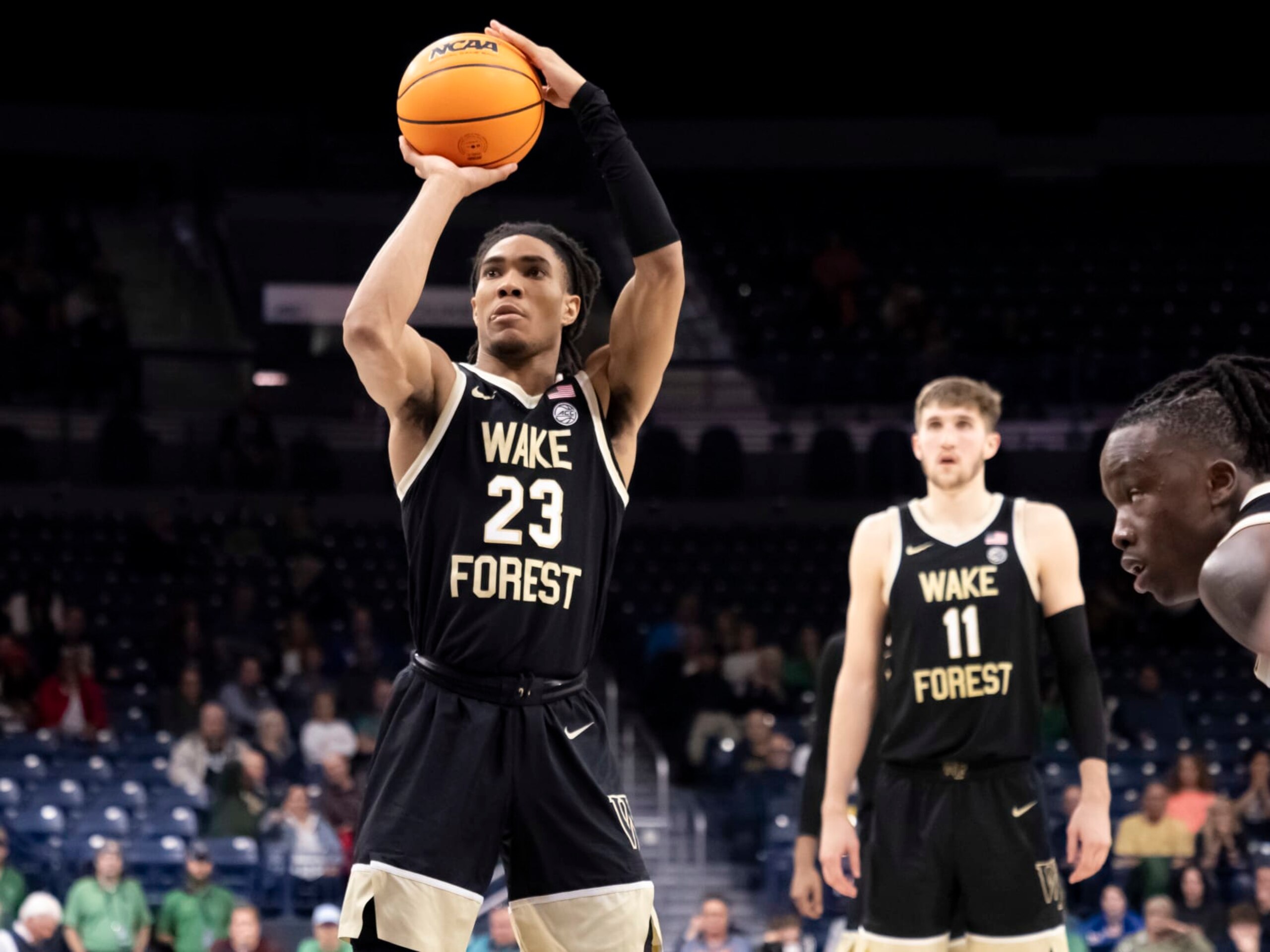 SOUTH BEND, IN - FEBRUARY 27: Wake Forest Demon Deacons guard Hunter Sallis (23) shoots a free-throw during a college basketball game between the Wake Forest Demon Deacons and the Notre Dame Fighting Irish on February 27, 2024 at Purcell Pavilion in South Bend, Indiana. (Photo by Joseph Weiser/Icon Sportswire via Getty Images)