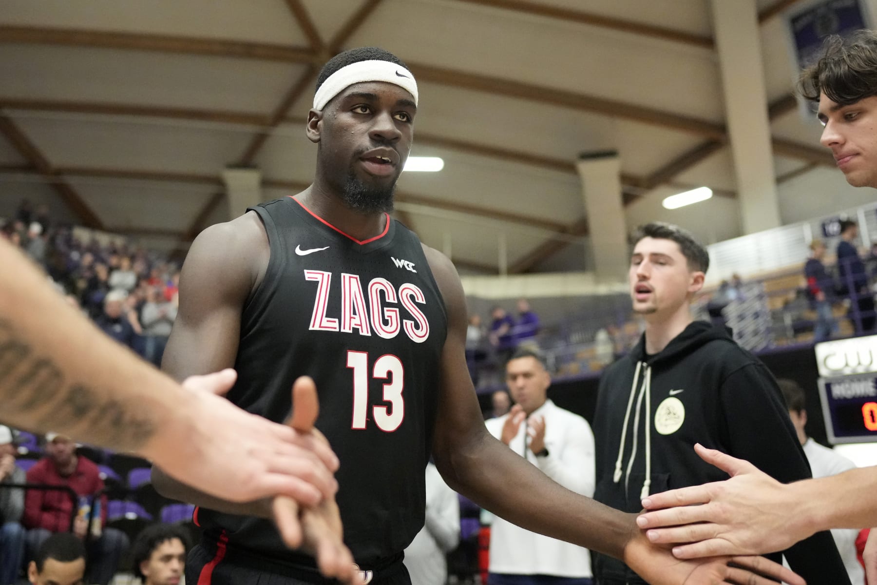 PORTLAND, OREGON - FEBRUARY 22: Graham Ike #13 of the Gonzaga Bulldogs is introduced as part of the starting lineup before the gam against the Portland Pilot at Chiles Center on February 22, 2024 in Portland, Oregon. (Photo by Soobum Im/Getty Images)
