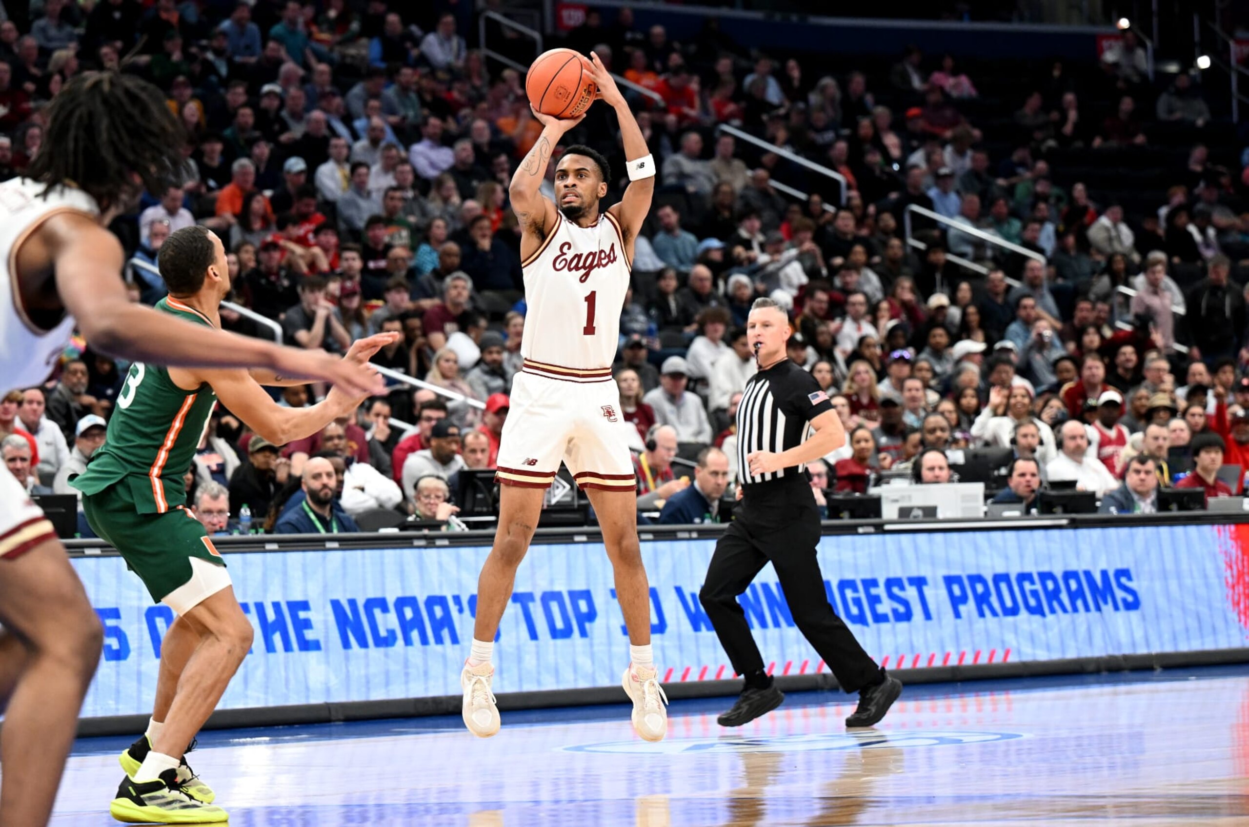 WASHINGTON, DC - MARCH 12: Claudell Harris Jr. #1 of the Boston College Eagles shoots the ball in the first half against the Miami Hurricanes in the First Round of the ACC Men's Basketball Tournament at Capital One Arena on March 12, 2024 in Washington, DC. (Photo by Greg Fiume/Getty Images)