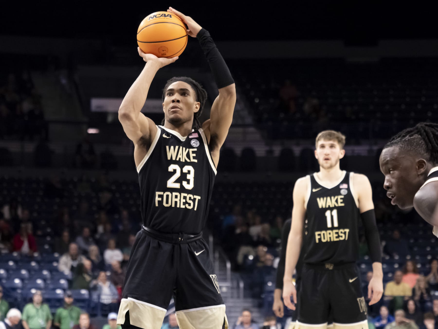 SOUTH BEND, IN - FEBRUARY 27: Wake Forest Demon Deacons guard Hunter Sallis (23) shoots a free-throw during a college basketball game between the Wake Forest Demon Deacons and the Notre Dame Fighting Irish on February 27, 2024 at Purcell Pavilion in South Bend, Indiana. (Photo by Joseph Weiser/Icon Sportswire via Getty Images)