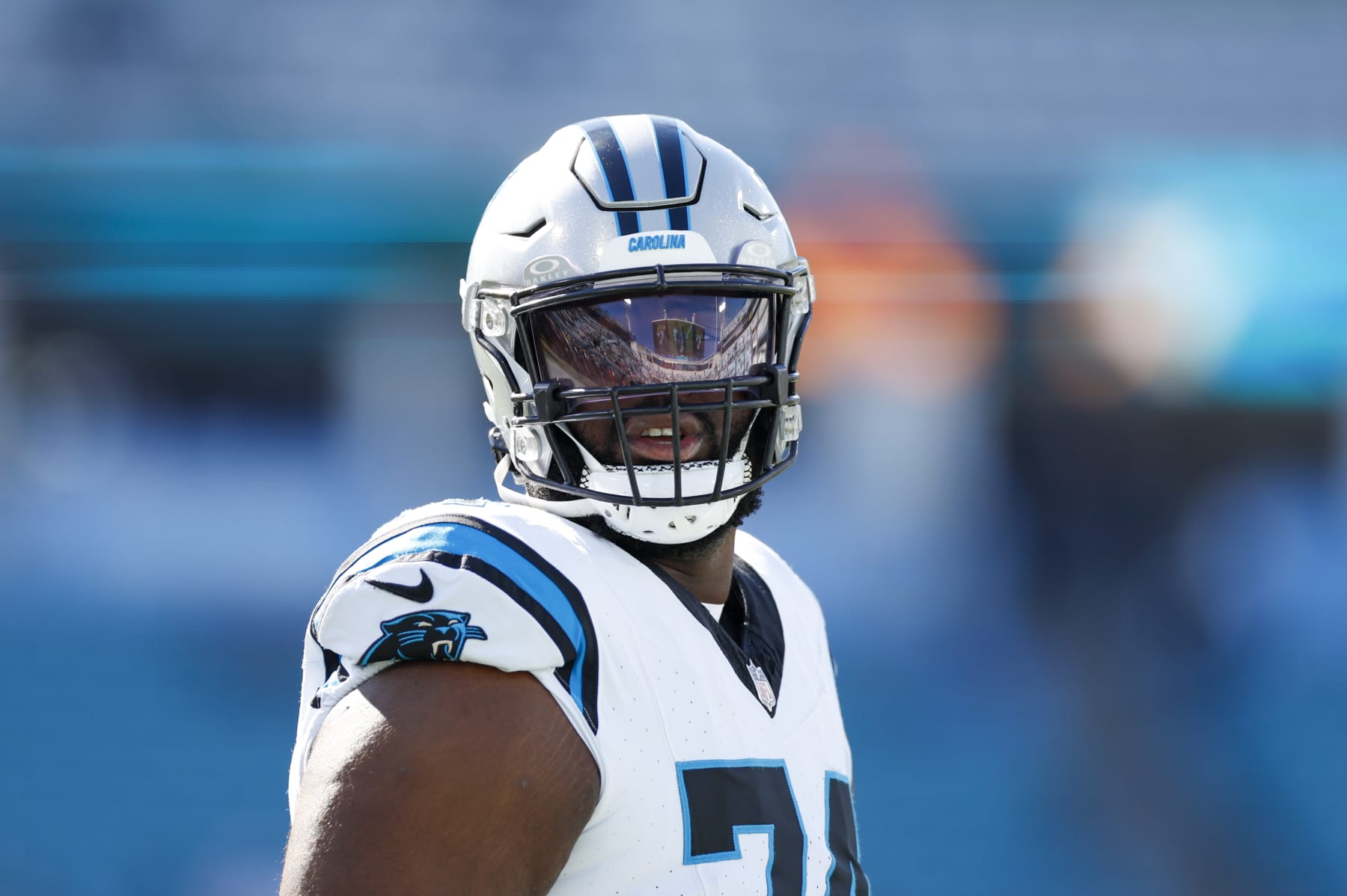 JACKSONVILLE, FL - DECEMBER 31: Carolina Panthers offensive tackle David Sharpe (74) before the game between the Jacksonville Jaguars and the Carolina Panthers on December 31, 2023 at EverBank Stadium in Jacksonville, Fl. (Photo by David Rosenblum/Icon Sportswire via Getty Images)