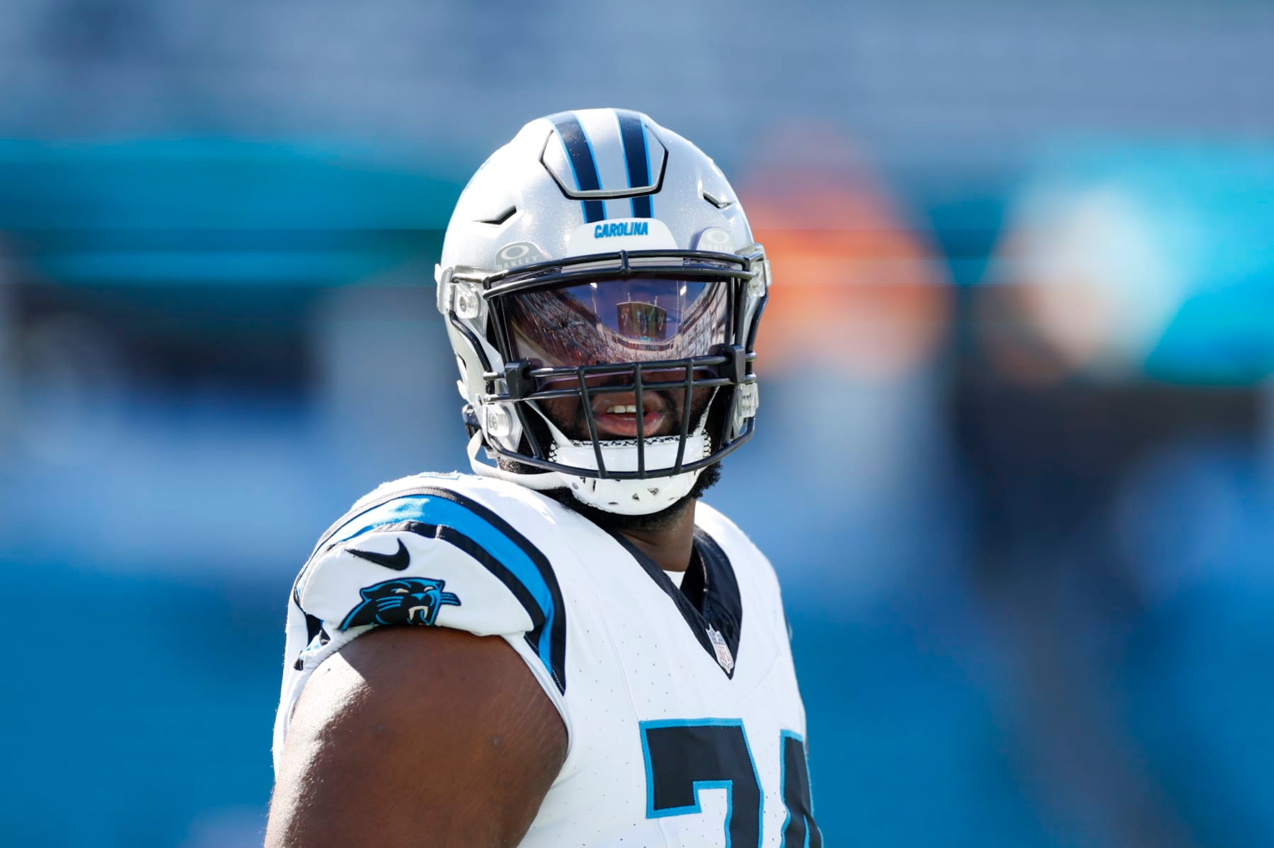 JACKSONVILLE, FL - DECEMBER 31: Carolina Panthers offensive tackle David Sharpe (74) before the game between the Jacksonville Jaguars and the Carolina Panthers on December 31, 2023 at EverBank Stadium in Jacksonville, Fl. (Photo by David Rosenblum/Icon Sportswire via Getty Images)
