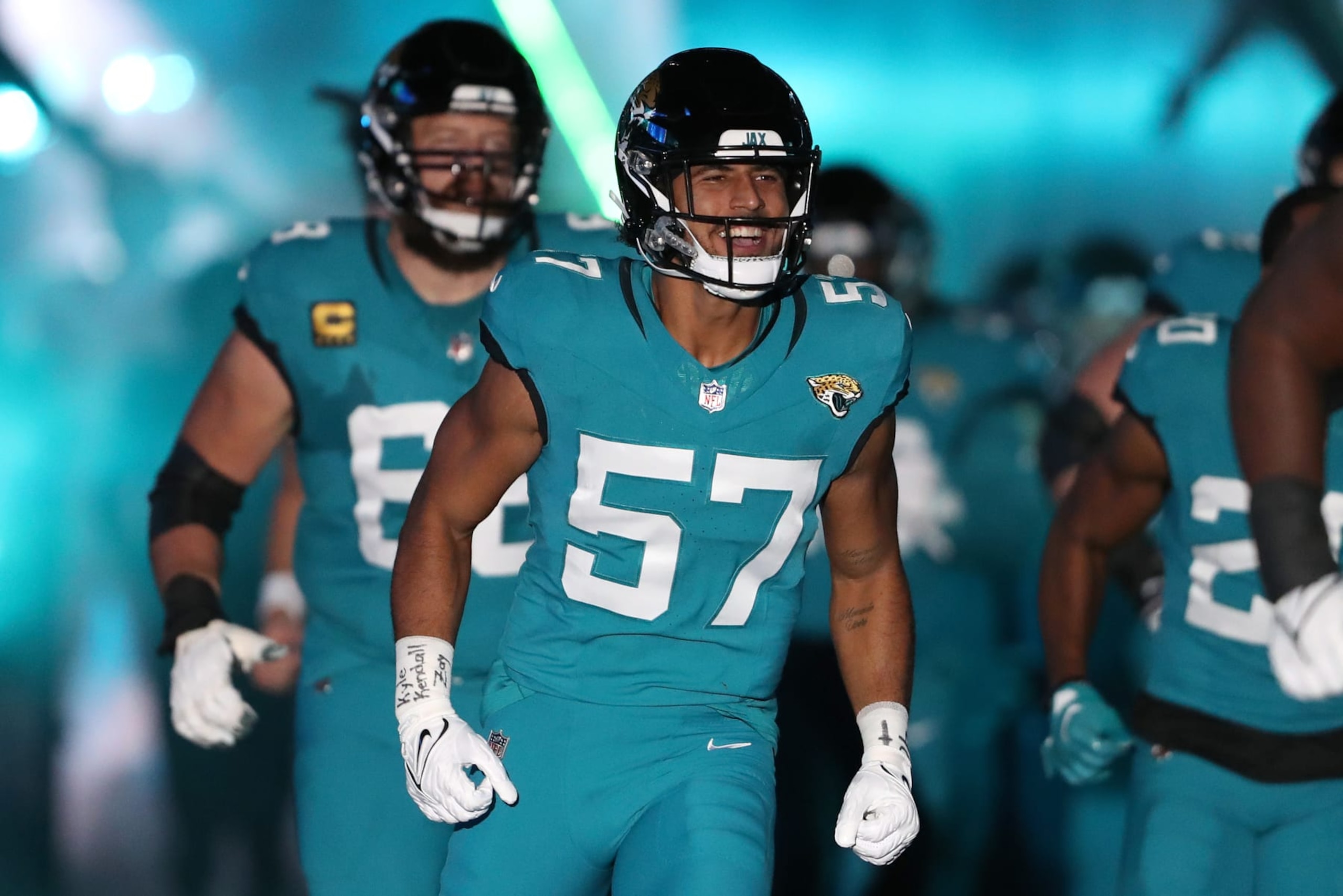 JACKSONVILLE, FLORIDA - DECEMBER 17: Caleb Johnson #57 of the Jacksonville Jaguars takes the field before a game against the Baltimore Ravens at EverBank Stadium on December 17, 2023 in Jacksonville, Florida. (Photo by Courtney Culbreath/Getty Images)