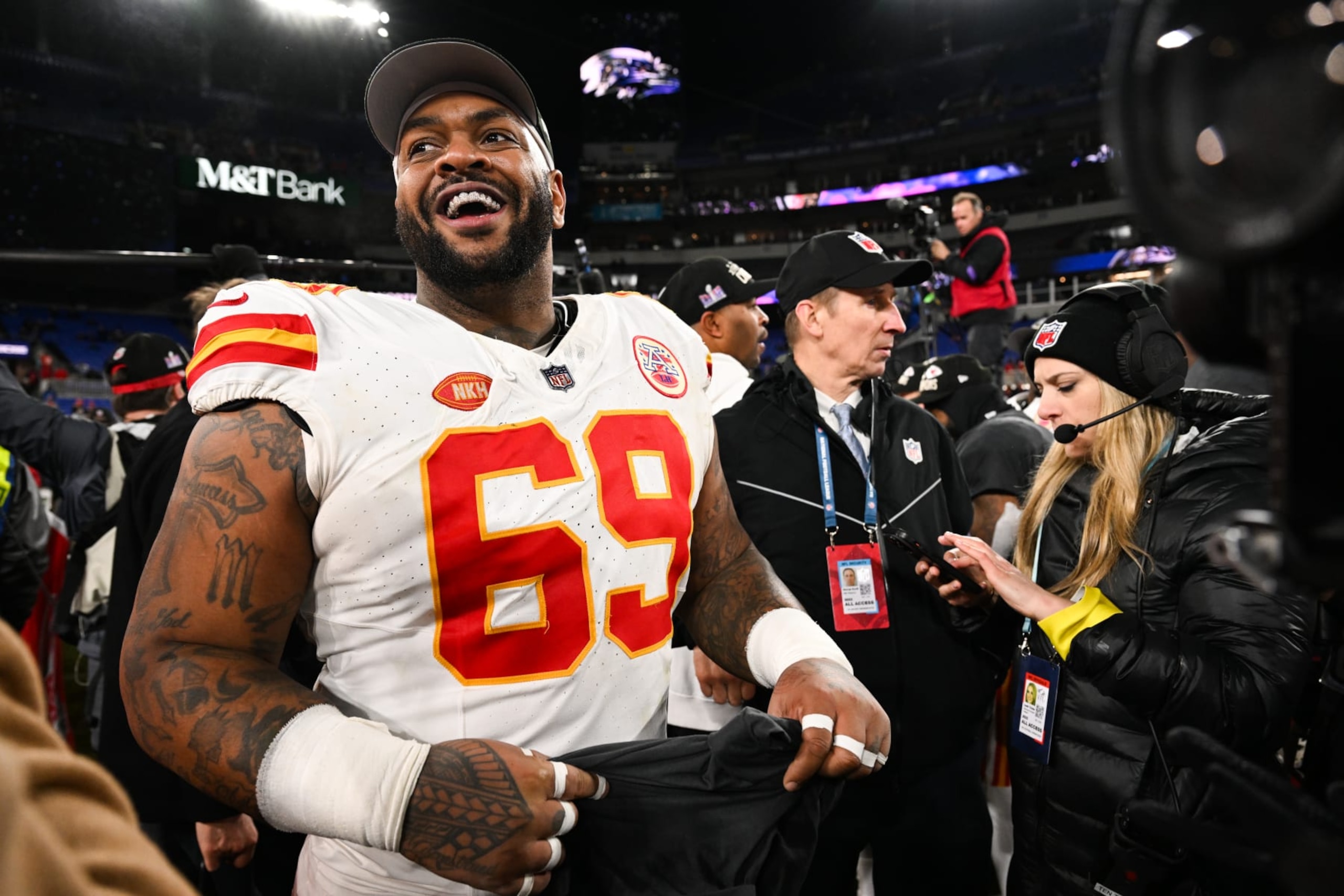BALTIMORE, MD - JANUARY 28: Mike Pennel #69 of the Kansas City Chiefs celebrates following the AFC Championship game against the Baltimore Ravens at M&T Bank Stadium on January 28, 2024 in Baltimore, Maryland. (Photo by Kathryn Riley/Getty Images)