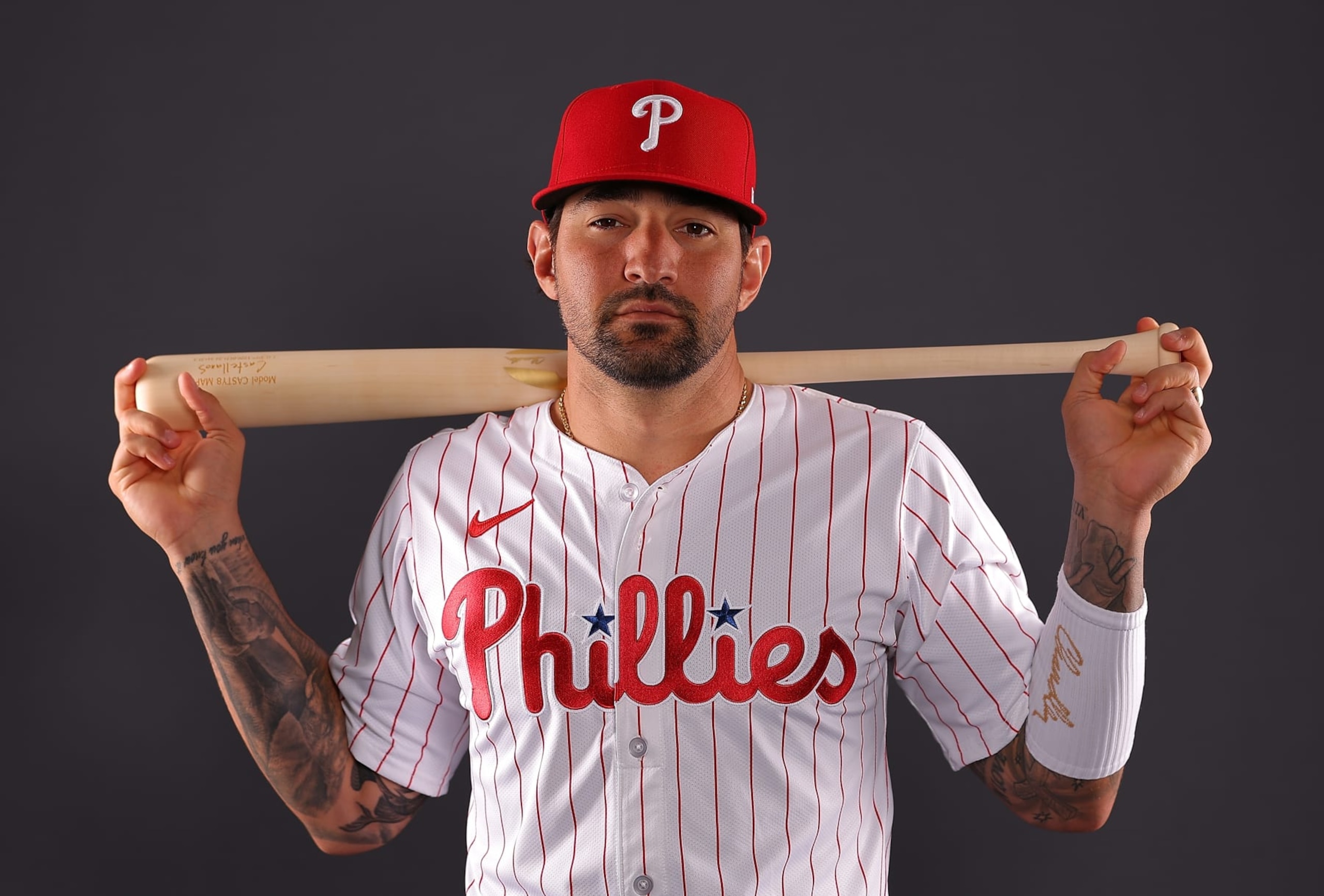 CLEARWATER, FLORIDA - FEBRUARY 22:  Nick Castellanos #8 of the Philadelphia Phillies poses for a portrait during photo day  at BayCare Ballpark on February 22, 2024 in Clearwater, Florida. (Photo by Kevin C. Cox/Getty Images)