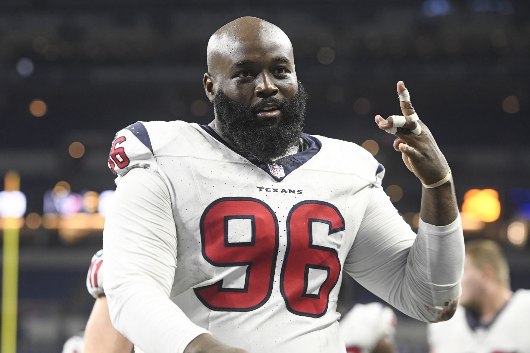 INDIANAPOLIS, IN - JANUARY 06: Houston Texans Defensive Tackle Maliek Collins (96) celebrates after the NFL game between the Houston Texans and the Indianapolis Colts on January 6, 2024, at Lucas Oil Stadium in Indianapolis, Indiana. (Photo by Michael Allio/Icon Sportswire via Getty Images) INDIANAPOLIS, IN - JANUARY 06: Houston Texans Defensive Tackle Maliek Collins (96) celebrates after the NFL game between the Houston Texans and the Indianapolis Colts on January 6, 2024, at Lucas Oil Stadium in Indianapolis, Indiana. (Photo by Michael Allio/Icon Sportswire via Getty Images)