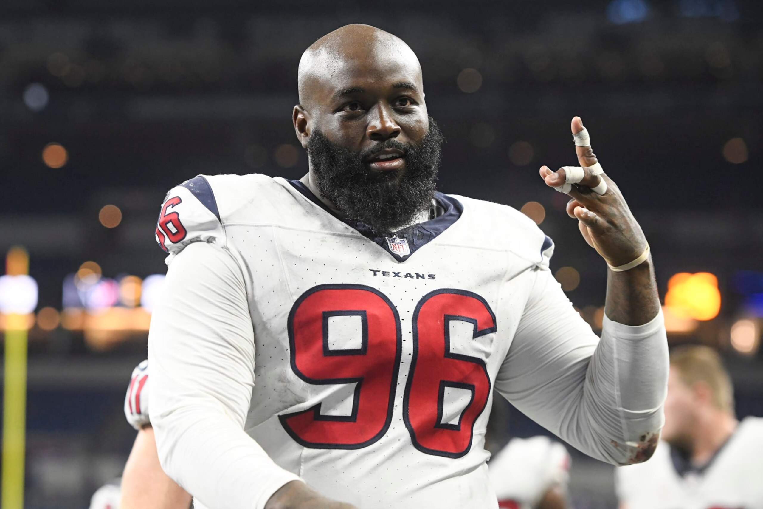 INDIANAPOLIS, IN - JANUARY 06: Houston Texans Defensive Tackle Maliek Collins (96) celebrates after the NFL game between the Houston Texans and the Indianapolis Colts on January 6, 2024, at Lucas Oil Stadium in Indianapolis, Indiana. (Photo by Michael Allio/Icon Sportswire via Getty Images)