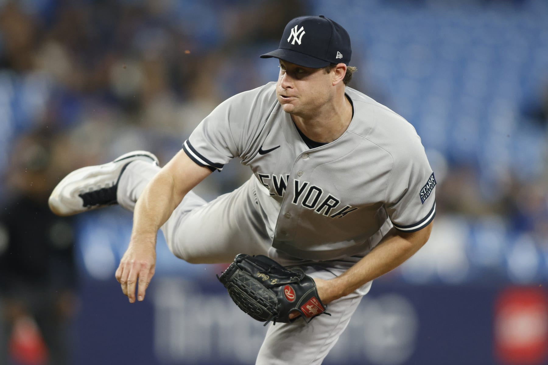 TORONTO, CANADA - SEPTEMBER 27: Gerrit Cole #45 of the New York Yankees pitches in the ninth inning of their MLB game against the Toronto Blue Jays at Rogers Centre on September 27, 2023 in Toronto, Canada. (Photo by Cole Burston/Getty Images)