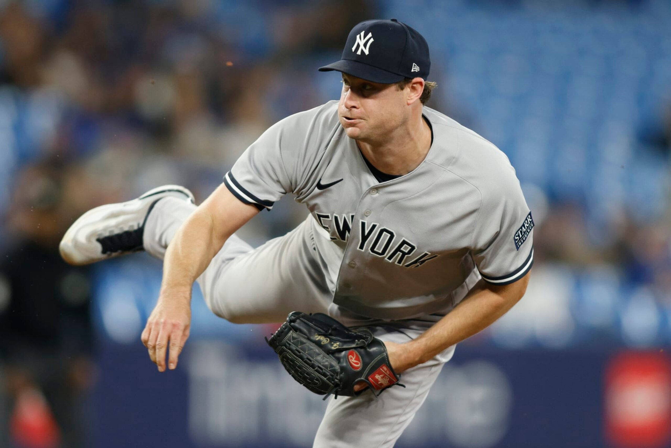 TORONTO, CANADA - SEPTEMBER 27: Gerrit Cole #45 of the New York Yankees pitches in the ninth inning of their MLB game against the Toronto Blue Jays at Rogers Centre on September 27, 2023 in Toronto, Canada. (Photo by Cole Burston/Getty Images)