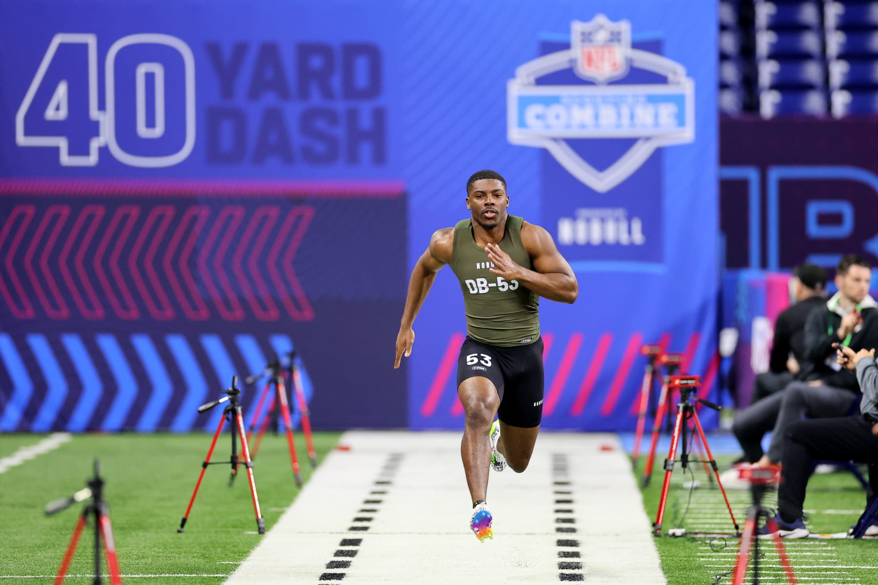 INDIANAPOLIS, INDIANA - MARCH 01: Kamren Kinchens #DB53 of Miami-Fl participates in the 40-yard dash during the NFL Combine at Lucas Oil Stadium on March 01, 2024 in Indianapolis, Indiana. (Photo by Stacy Revere/Getty Images)