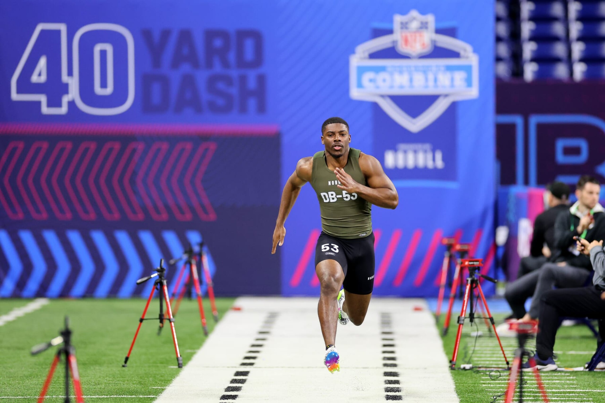 INDIANAPOLIS, INDIANA - MARCH 01: Kamren Kinchens #DB53 of Miami-Fl participates in the 40-yard dash during the NFL Combine at Lucas Oil Stadium on March 01, 2024 in Indianapolis, Indiana. (Photo by Stacy Revere/Getty Images)