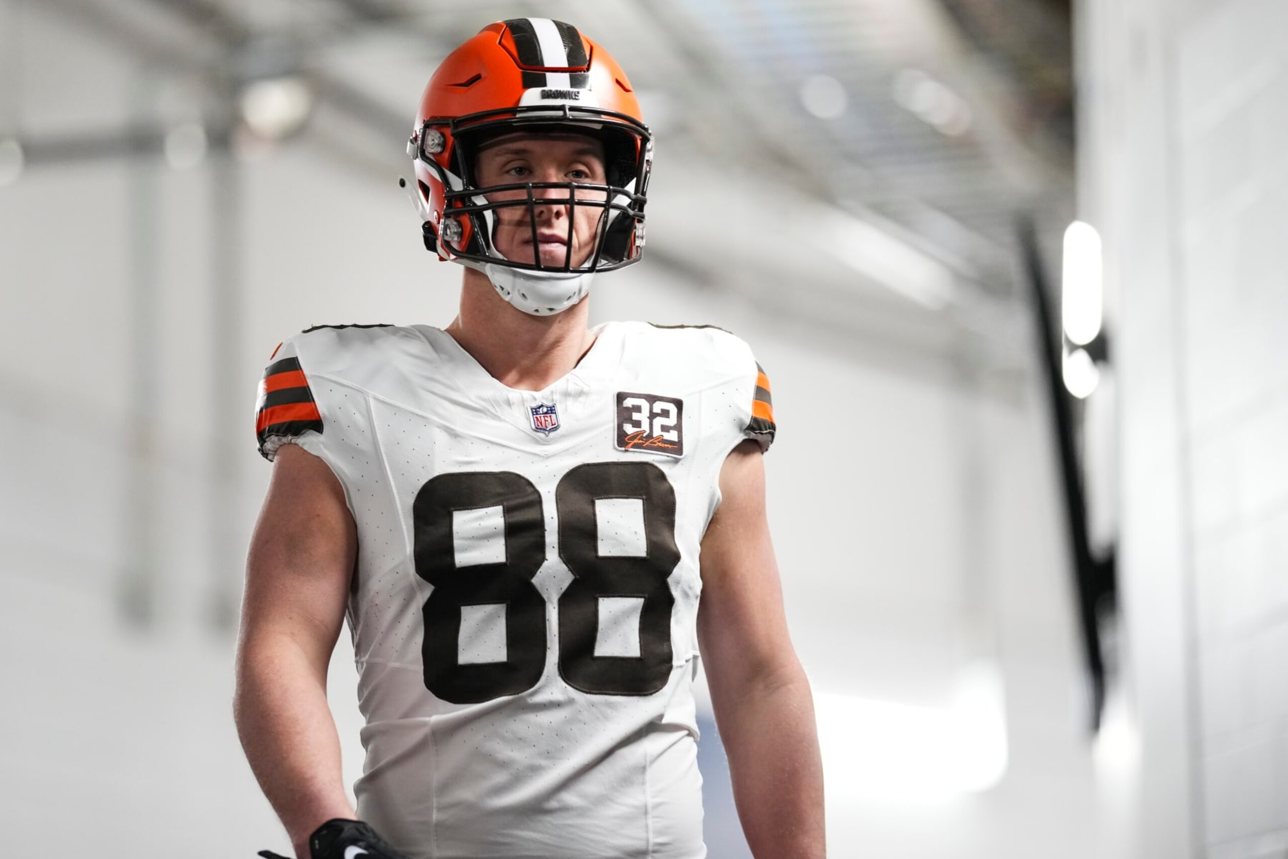 HOUSTON, TX - JANUARY 13: Harrison Bryant #88 of the Cleveland Browns walks out for warmups prior to an NFL wild-card playoff football game against the Houston Texans at NRG Stadium on January 13, 2024 in Houston, Texas. (Photo by Cooper Neill/Getty Images)