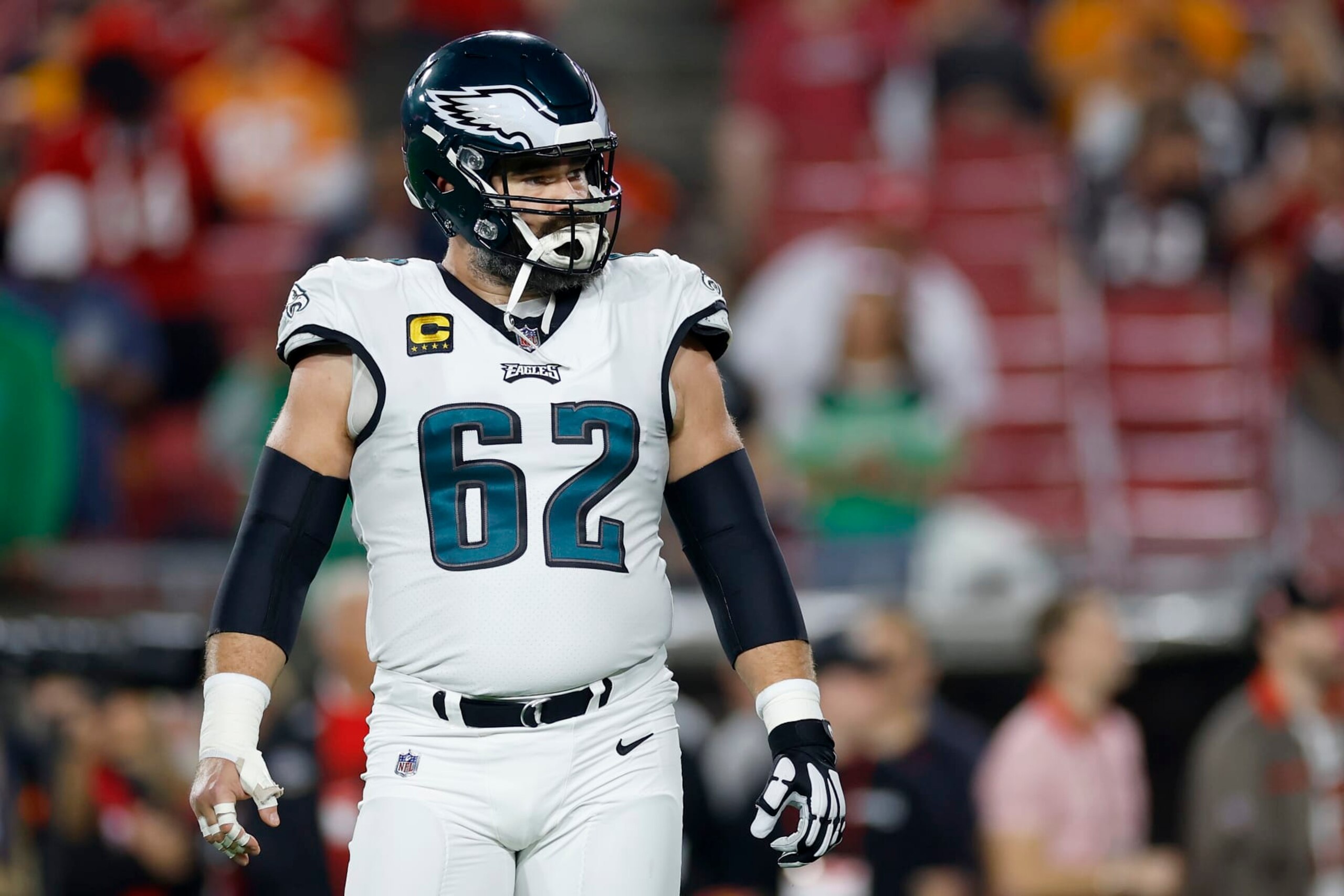 TAMPA, FLORIDA - JANUARY 15: Jason Kelce #62 of the Philadelphia Eagles warms up prior to the NFC Wild Card Playoffs against the Tampa Bay Buccaneers at Raymond James Stadium on January 15, 2024 in Tampa, Florida. (Photo by Mike Ehrmann/Getty Images)