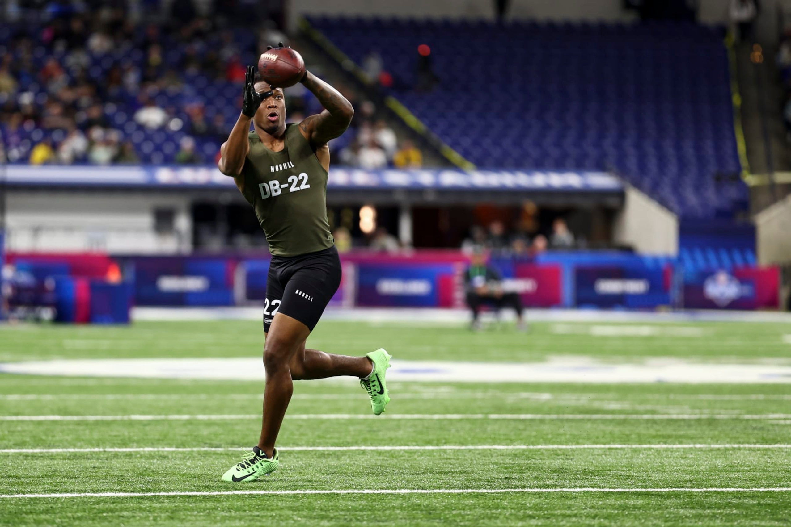 INDIANAPOLIS, INDIANA - MARCH 1: Kalen King #DB22 of Penn State participates in a drill during the NFL Combine at the Lucas Oil Stadium on March 1, 2024 in Indianapolis, Indiana. (Photo by Kevin Sabitus/Getty Images)