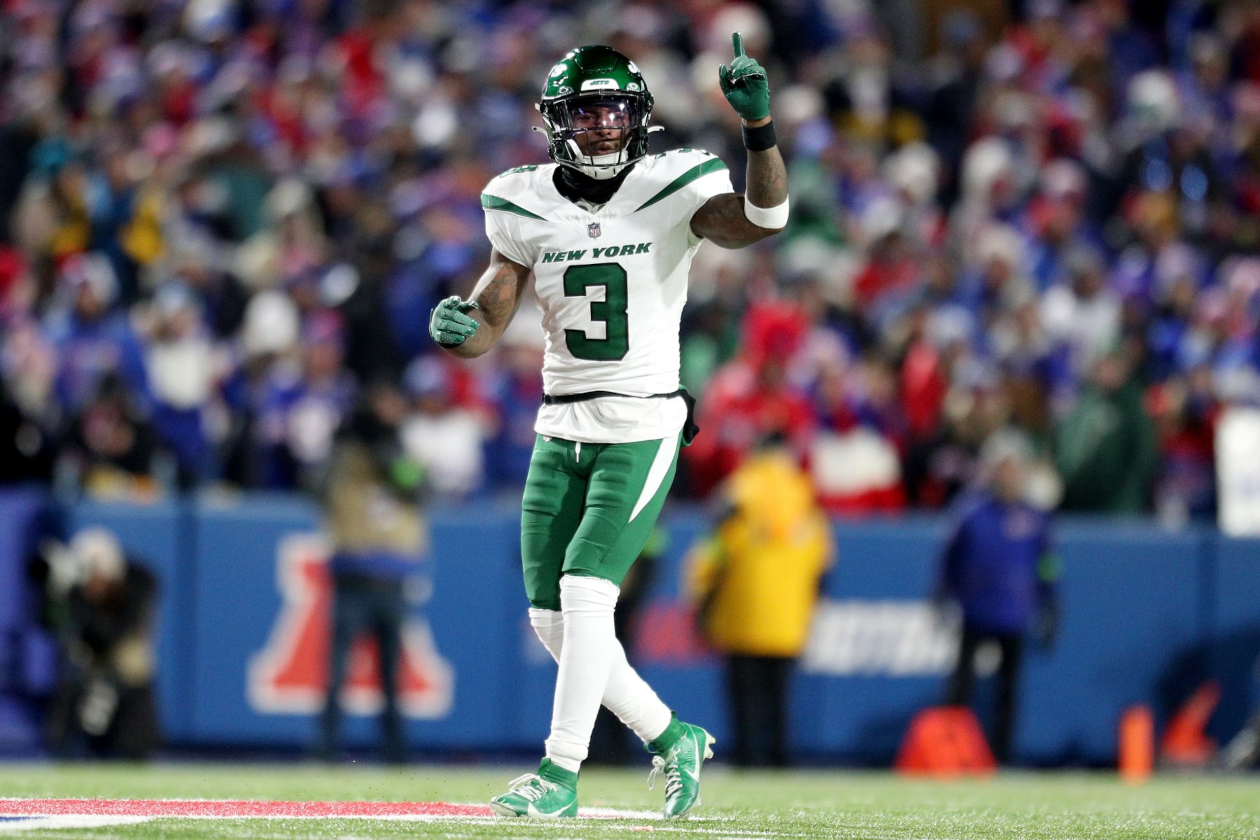 ORCHARD PARK, NEW YORK - NOVEMBER 19: Jordan Whitehead #3 of the New York Jets signals during the fourth quarter against the Buffalo Bills at Highmark Stadium on November 19, 2023 in Orchard Park, New York. (Photo by Bryan Bennett/Getty Images)