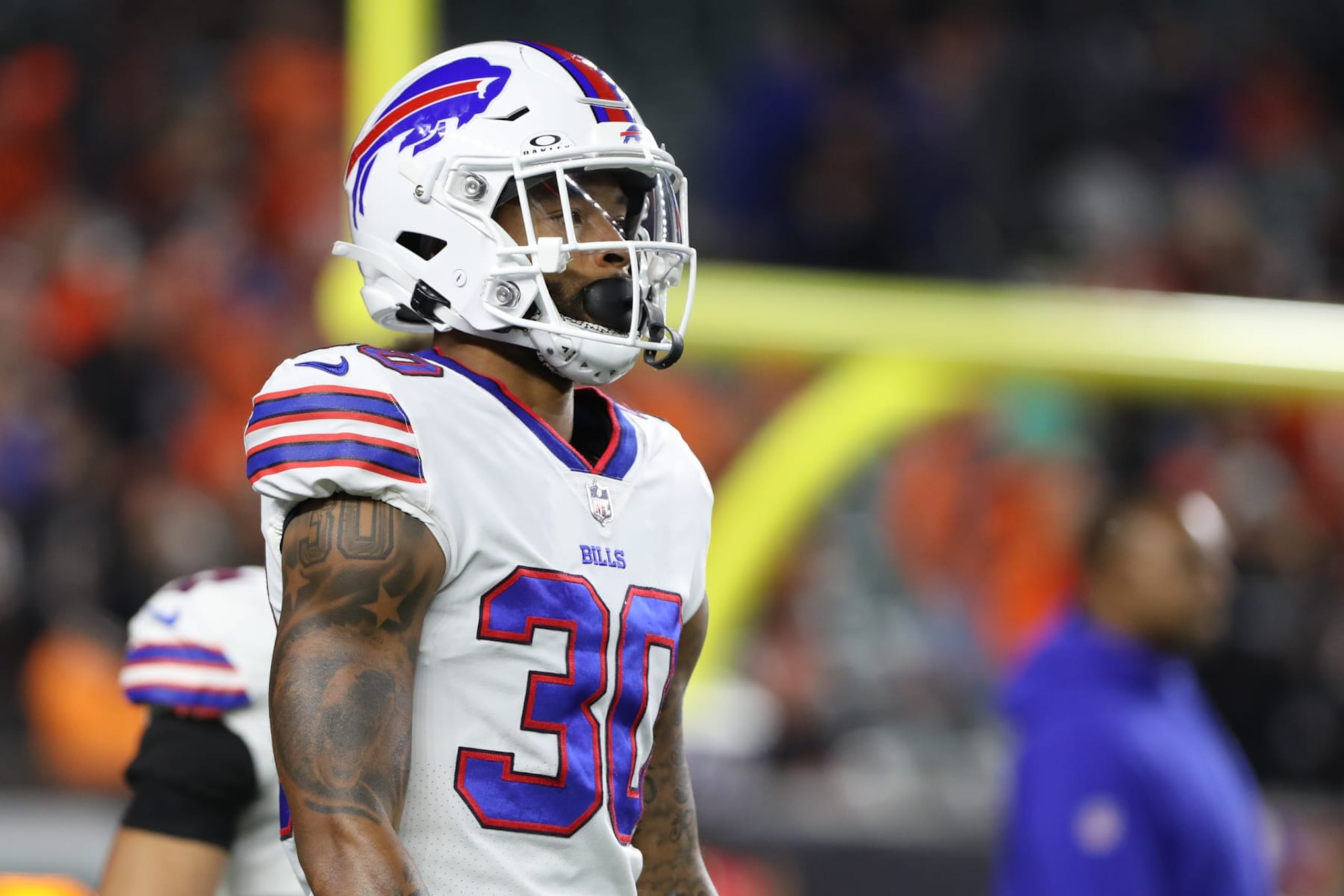 CINCINNATI, OH - NOVEMBER 05: Buffalo Bills cornerback Dane Jackson (30) warms up before the game against the Buffalo Bills and the Cincinnati Bengals on November 5, 2023, at Paycor Stadium in Cincinnati, OH. (Photo by Ian Johnson/Icon Sportswire via Getty Images)