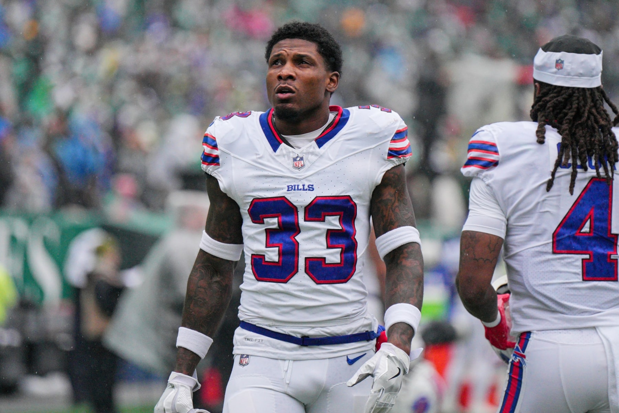 PHILADELPHIA, PA - NOVEMBER 26: Buffalo Bills cornerback Siran Neal (33) looks on during the game between the Buffalo Bills and the Philadelphia Eagles on November 26, 2023 at Lincoln Financial Field.(Photo by Andy Lewis/Icon Sportswire via Getty Images)