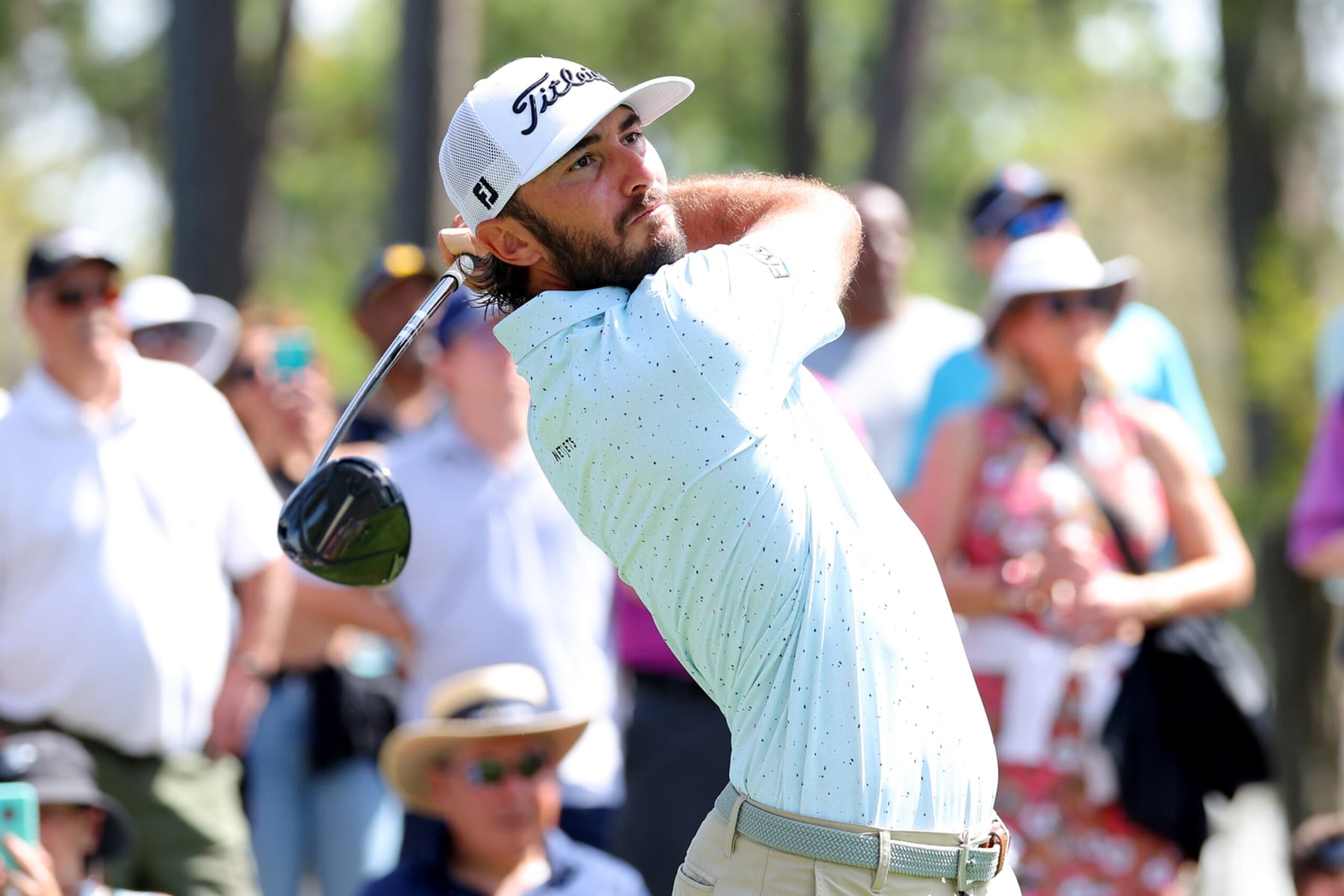 PONTE VEDRA BEACH, FLORIDA - MARCH 13: Max Homa of the United States plays his shot from the sixth tee during a practice round prior to THE PLAYERS Championship  on the Stadium Course at TPC Sawgrass on March 13, 2024 in Ponte Vedra Beach, Florida. (Photo by Kevin C. Cox/Getty Images)