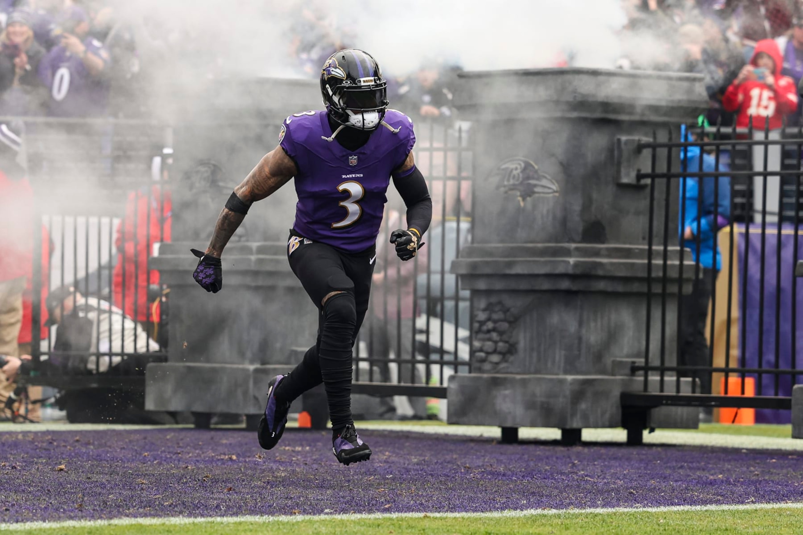 BALTIMORE, MD - JANUARY 28: Odell Beckham Jr. #3 of the Baltimore Ravens runs out of the tunnel prior to the AFC Championship NFL football game against the Kansas City Chiefs at M&T Bank Stadium on January 28, 2024 in Baltimore, Maryland. (Photo by Perry Knotts/Getty Images) BALTIMORE, MD - JANUARY 28: Odell Beckham Jr. #3 of the Baltimore Ravens runs out of the tunnel prior to the AFC Championship NFL football game against the Kansas City Chiefs at M&T Bank Stadium on January 28, 2024 in Baltimore, Maryland. (Photo by Perry Knotts/Getty Images)