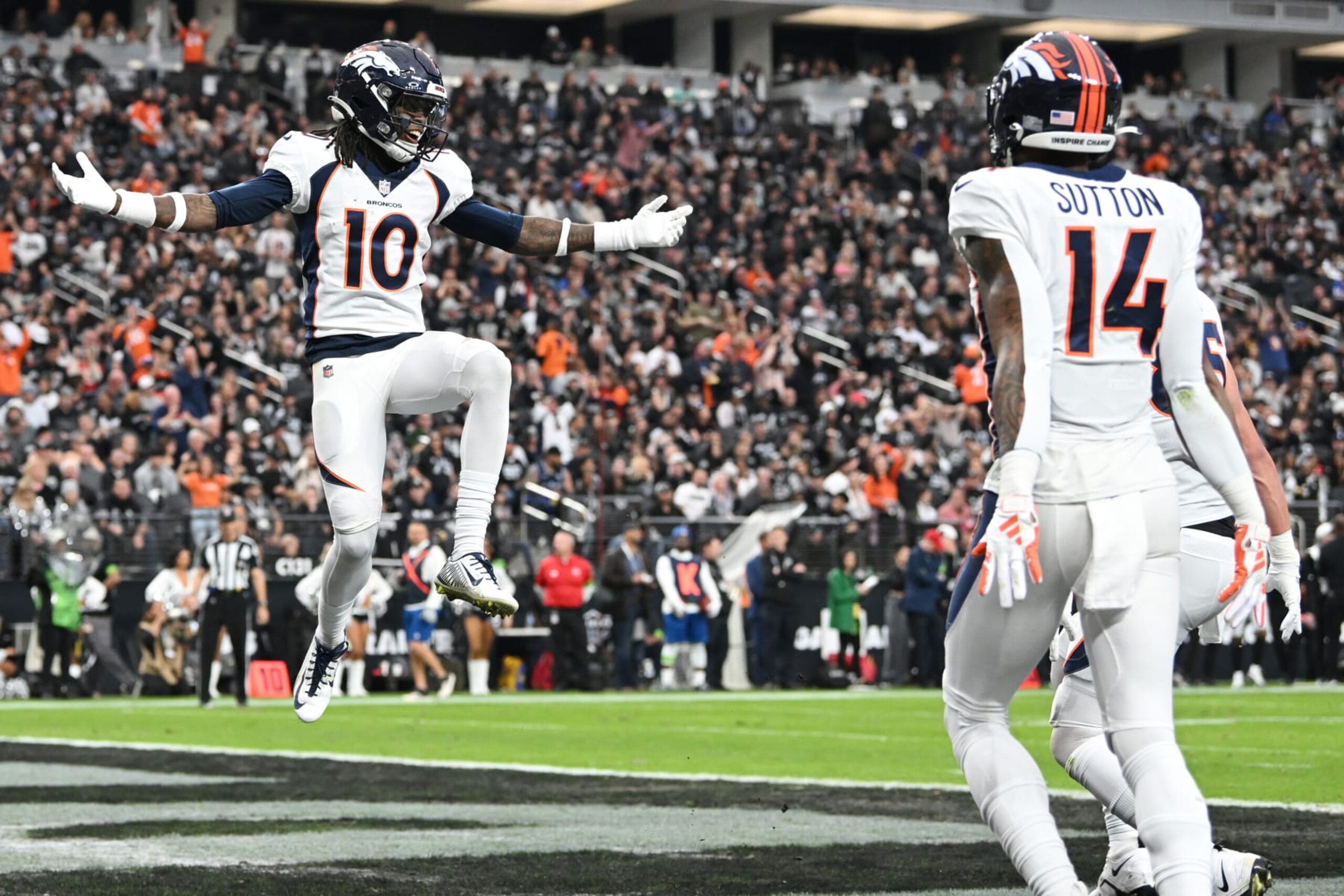 LAS VEGAS, NEVADA - JANUARY 07: Jerry Jeudy #10 of the Denver Broncos celebrates after a touchdown during the second quarter in the game against the Las Vegas Raiders at Allegiant Stadium on January 07, 2024 in Las Vegas, Nevada. (Photo by Candice Ward/Getty Images)