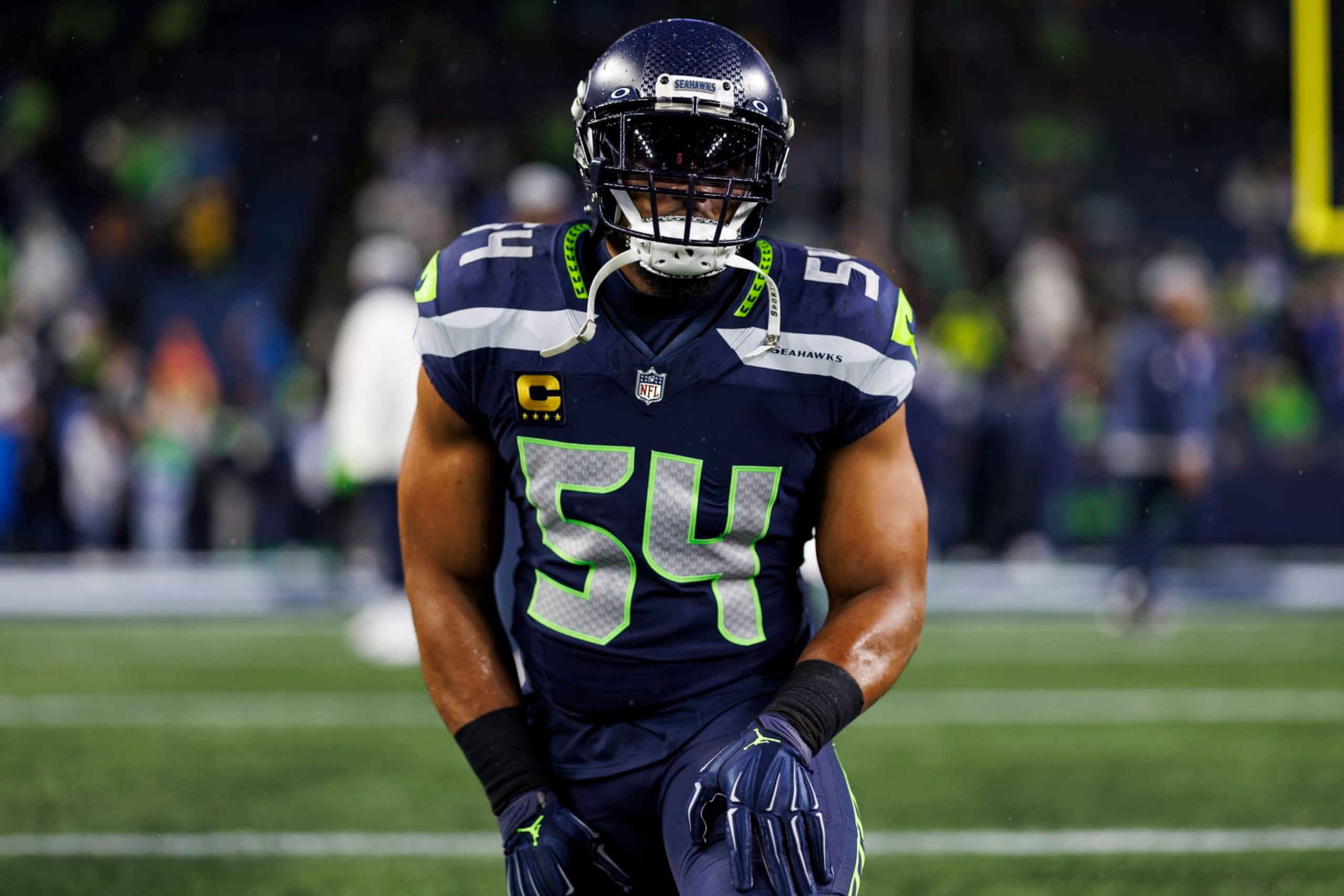 SEATTLE, WASHINGTON - DECEMBER 18: Bobby Wagner #54 of the Seattle Seahawks looks on during pregame warmups before an NFL football game against the Philadelphia Eagles at Lumen Field on December 18, 2023 in Seattle, Washington. (Photo by Ryan Kang/Getty Images)