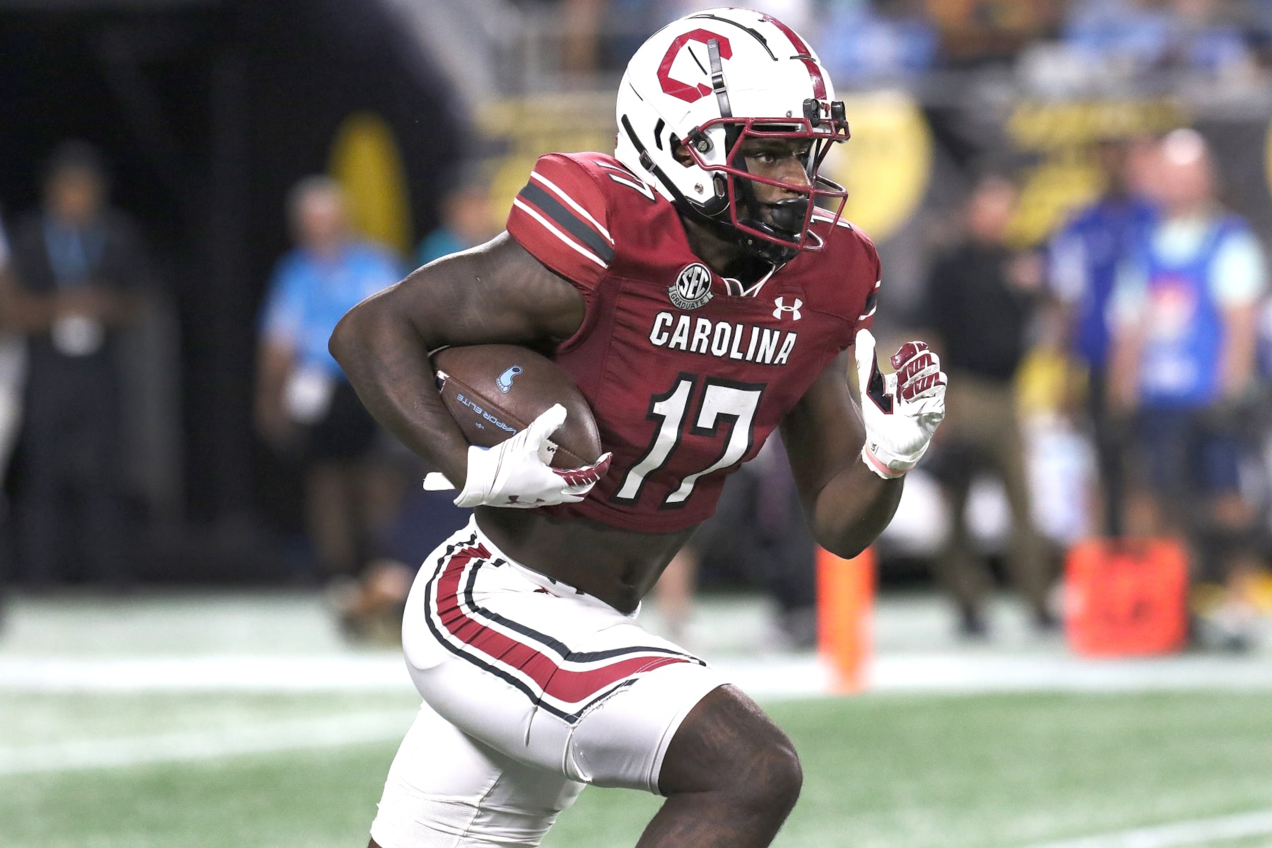 CHARLOTTE, NC - SEPTEMBER 02: South Carolina Gamecocks wide receiver Xavier Legette (17) during the Duke's Mayo Classic college football game between the North Carolina Tar Heels and the South Carolina Gamecocks on September 2, 2023 at Bank of America Stadium in Charlotte, N.C.  (Photo by John Byrum/Icon Sportswire via Getty Images)