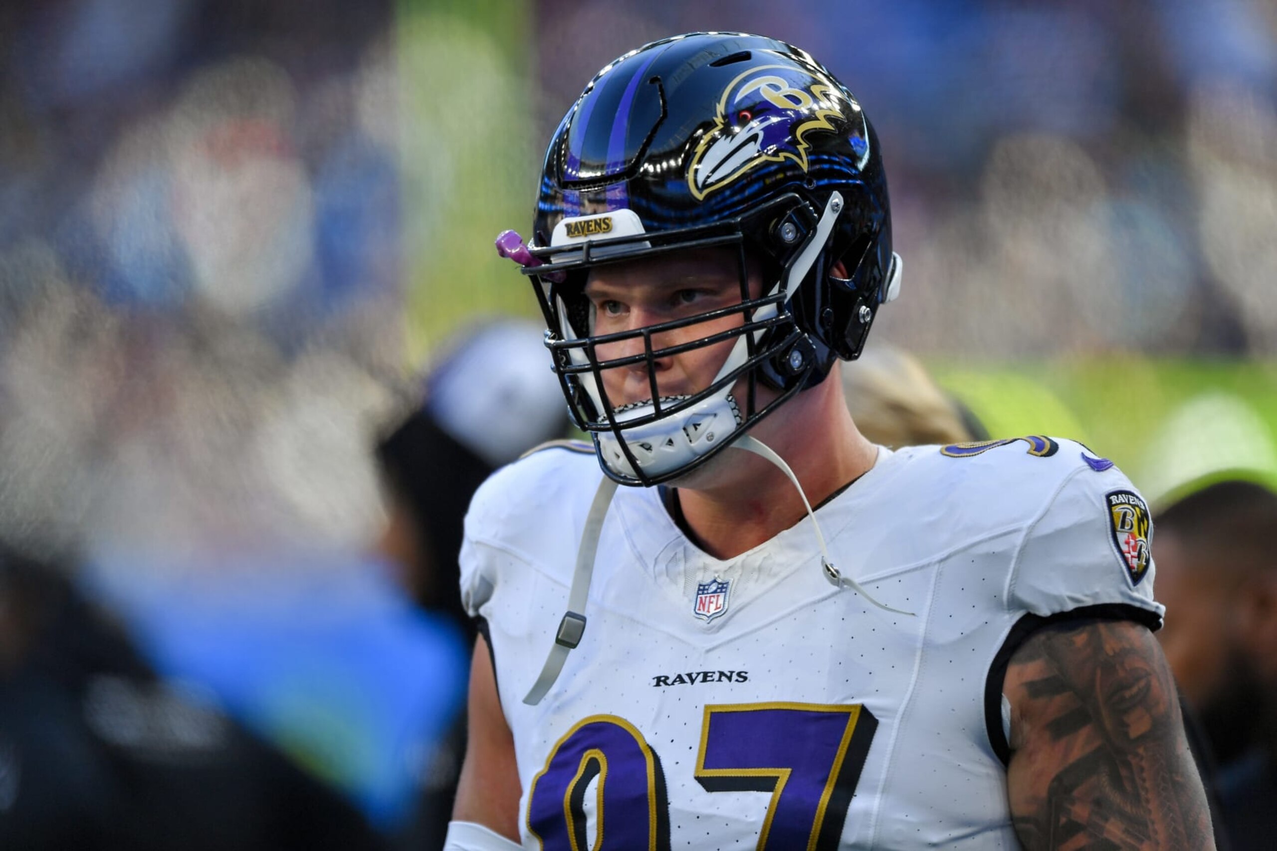 LONDON, ENGLAND - OCTOBER 15: Brent Urban of Baltimore Ravens looks on during the NFL match between Baltimore Ravens and Tennessee Titans at Tottenham Hotspur Stadium on October 15, 2023 in London, England. (Photo by Vincent Mignott/DeFodi Images via Getty Images)