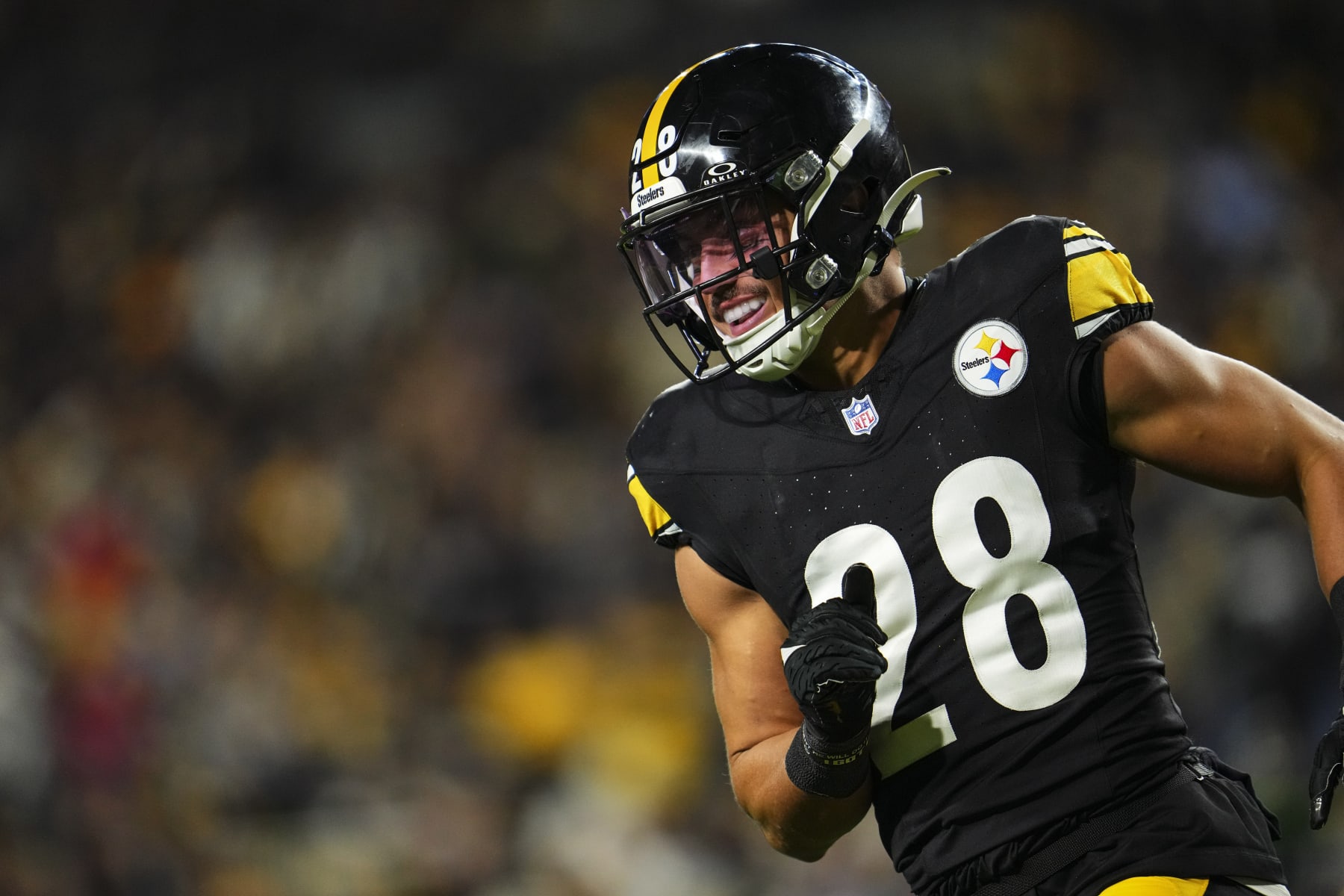 PITTSBURGH, PA - NOVEMBER 02: Miles Killebrew #28 of the Pittsburgh Steelers celebrates during an NFL football game against the Tennessee Titans at Acrisure Stadium on November 2, 2023 in Pittsburgh, Pennsylvania. (Photo by Cooper Neill/Getty Images)