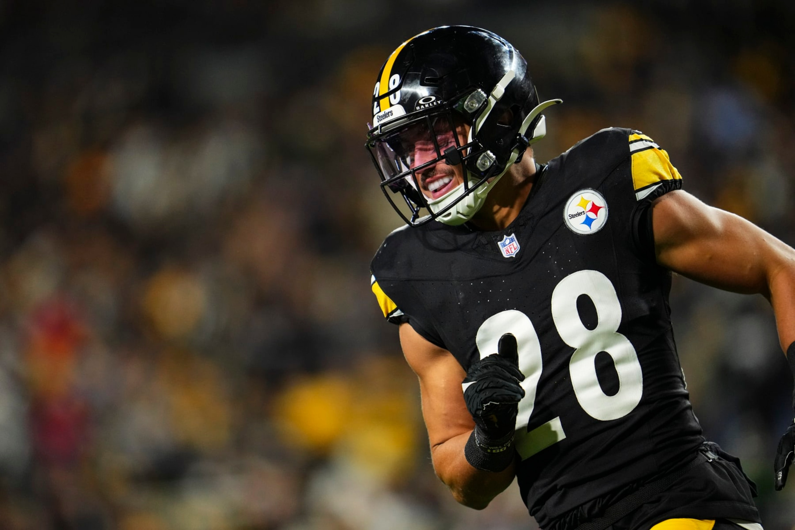 PITTSBURGH, PA - NOVEMBER 02: Miles Killebrew #28 of the Pittsburgh Steelers celebrates during an NFL football game against the Tennessee Titans at Acrisure Stadium on November 2, 2023 in Pittsburgh, Pennsylvania. (Photo by Cooper Neill/Getty Images)