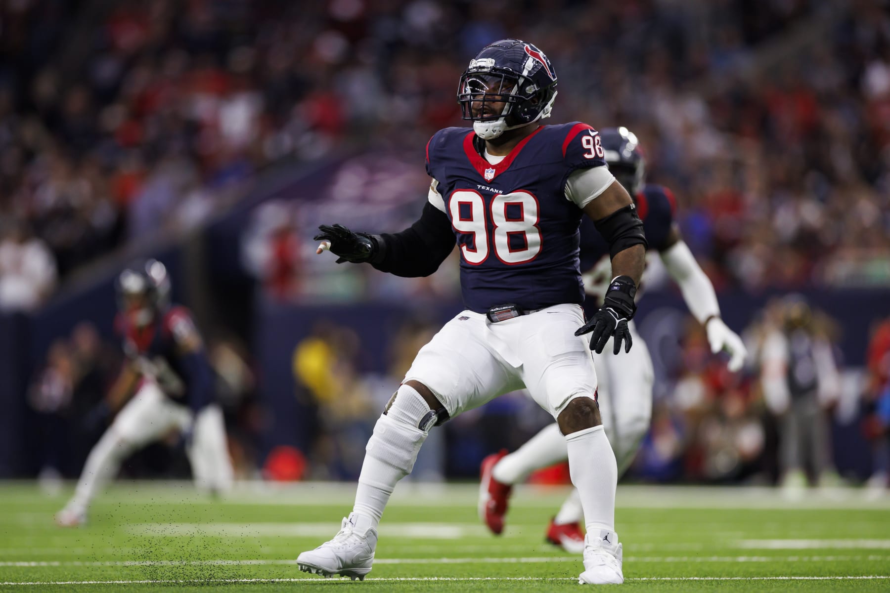 HOUSTON, TEXAS - JANUARY 13: Sheldon Rankins #98 of the Houston Texans defends during an AFC wild-card playoff football game against the Cleveland Browns at NRG Stadium on January 13, 2024 in Houston, Texas. (Photo by Ryan Kang/Getty Images) HOUSTON, TEXAS - JANUARY 13: Sheldon Rankins #98 of the Houston Texans defends during an AFC wild-card playoff football game against the Cleveland Browns at NRG Stadium on January 13, 2024 in Houston, Texas. (Photo by Ryan Kang/Getty Images)