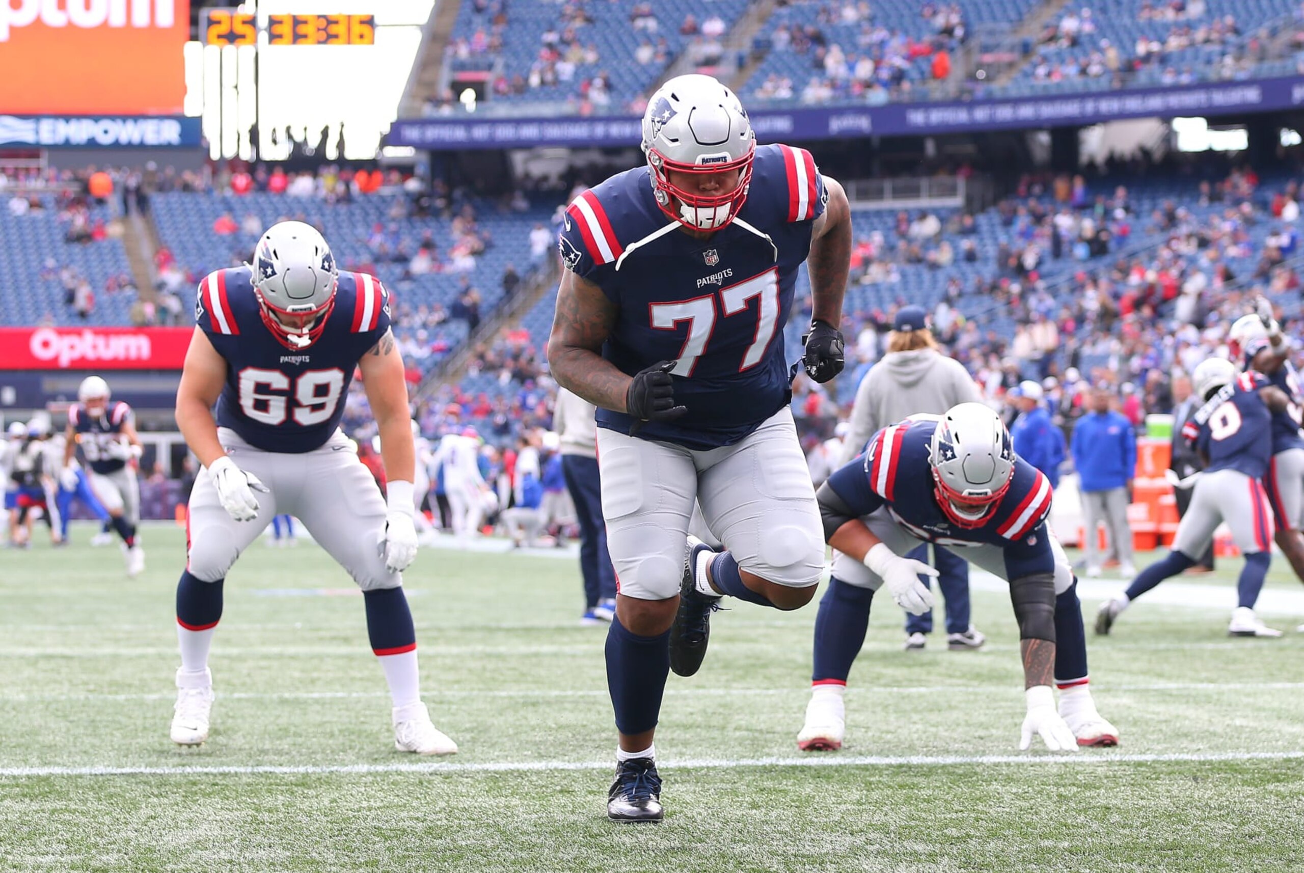 FOXBOROUGH, MA - OCTOBER 22: New England Patriots Offensive Tackle Trent Brown (77) warms up prior to the NFL game between Buffalo Bills and New England Patriots on October 22, 2023, at Gillette Stadium in Foxborough, MA. (Photo by M. Anthony Nesmith/Icon Sportswire via Getty Images)