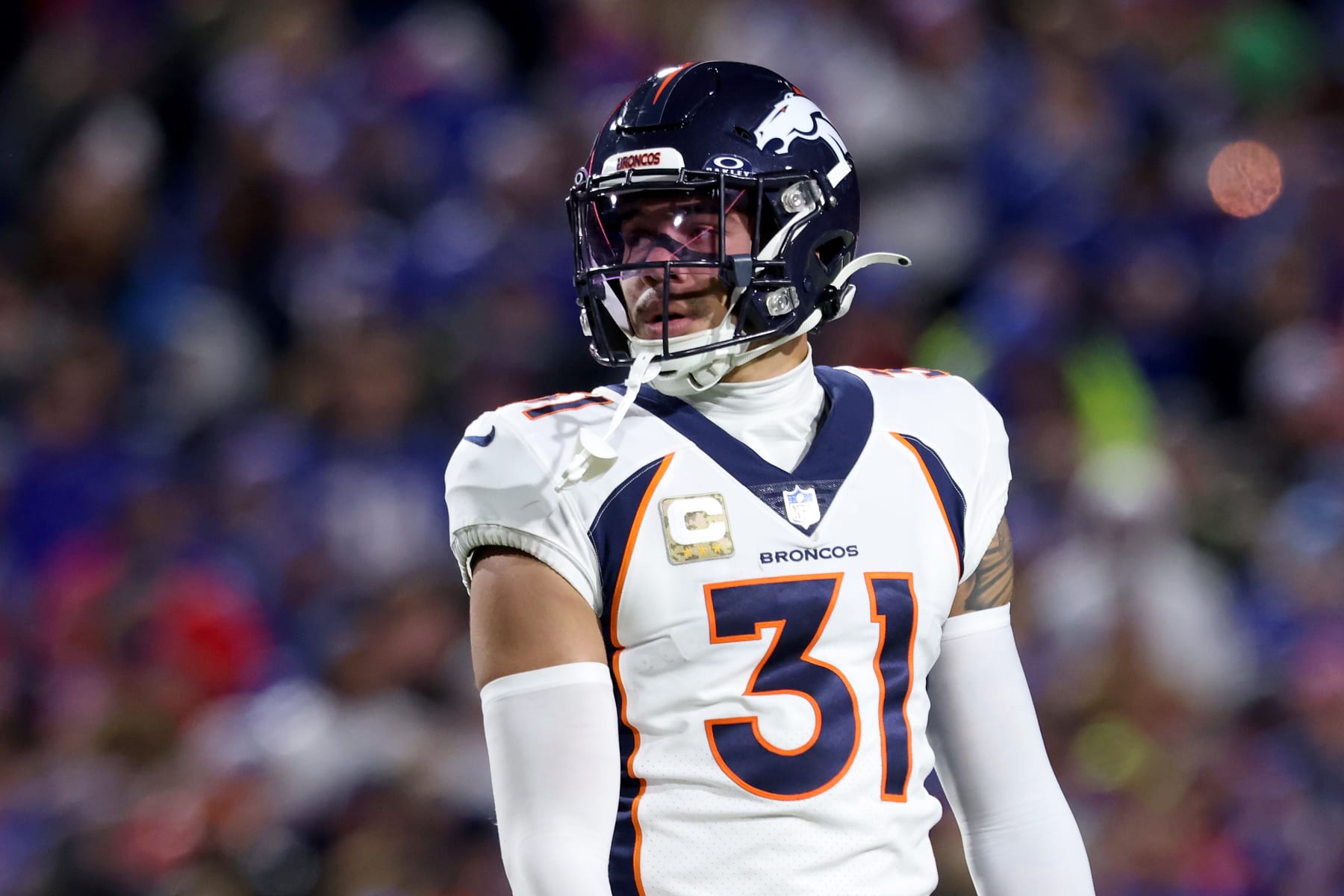 ORCHARD PARK, NEW YORK - NOVEMBER 13: Justin Simmons #31 of the Denver Broncos looks on during the third quarter against the Buffalo Bills at Highmark Stadium on November 13, 2023 in Orchard Park, New York. (Photo by Bryan Bennett/Getty Images)
