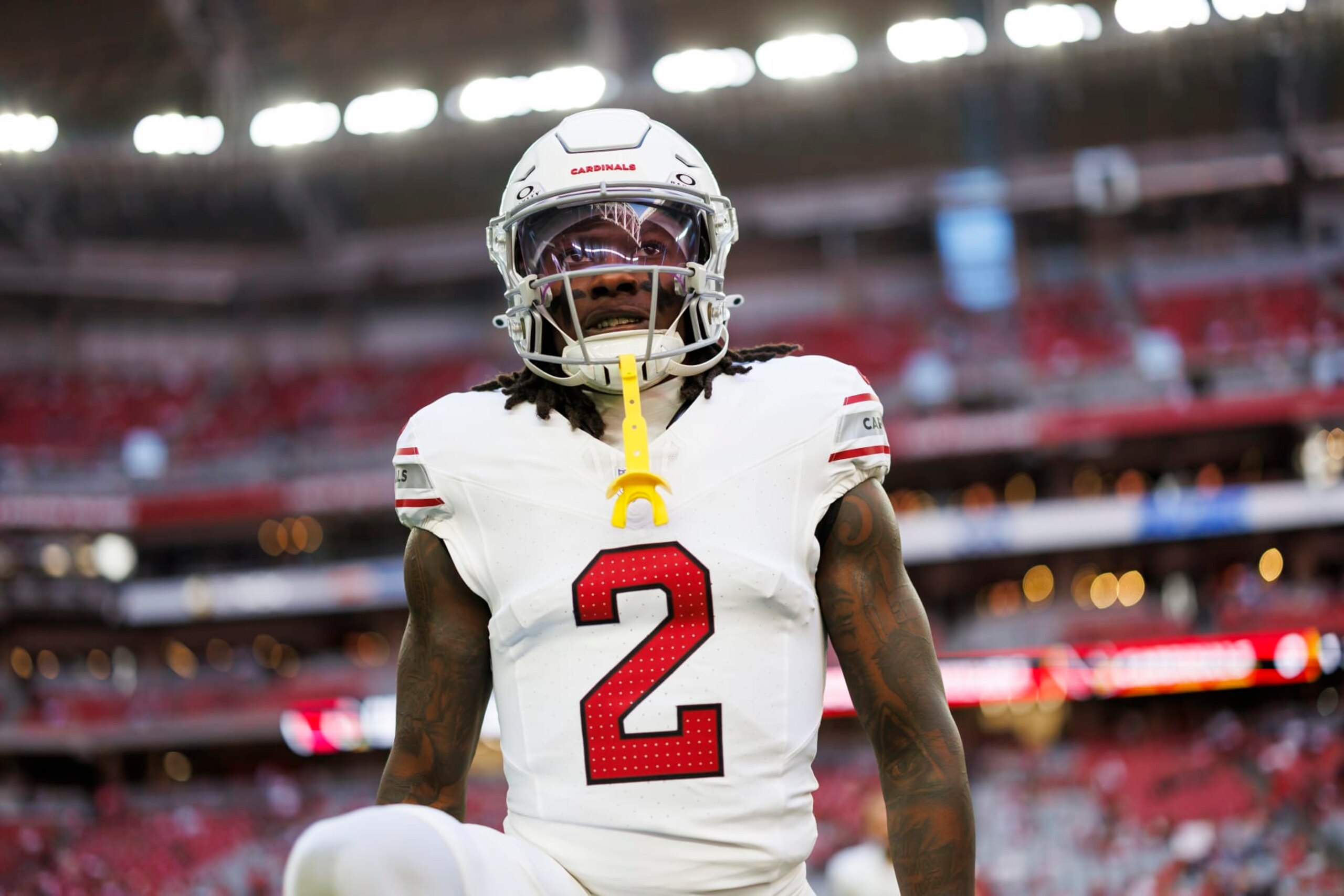 GLENDALE, ARIZONA - DECEMBER 17: Marquise Brown #2 of the Arizona Cardinals looks on during pregame warmups before an NFL football game against the San Francisco 49ers at State Farm Stadium on December 17, 2023 in Glendale, Arizona. (Photo by Ryan Kang/Getty Images)