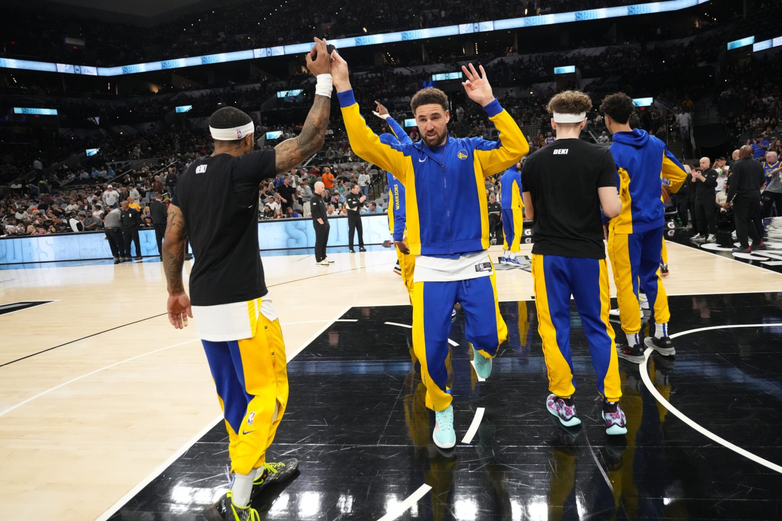 SAN ANTONIO, TX - MARCH 11: Klay Thompson #11 of the Golden State Warriors is introduced before the game against the San Antonio Spurs on March 11, 2024 at the AT&T Center in San Antonio, Texas. NOTE TO USER: User expressly acknowledges and agrees that, by downloading and or using this photograph, user is consenting to the terms and conditions of the Getty Images License Agreement. Mandatory Copyright Notice: Copyright 2024 NBAE (Photos by Jesse D. Garrabrant/NBAE via Getty Images)