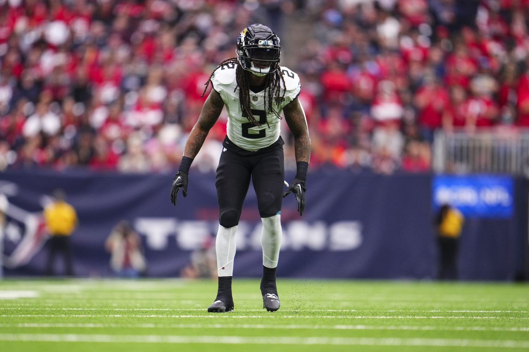 HOUSTON, TX - NOVEMBER 26: Rayshawn Jenkins #2 of the Jacksonville Jaguars lines up during an NFL football game against the Houston Texans at NRG Stadium on November 26, 2023 in Houston, Texas. (Photo by Cooper Neill/Getty Images) HOUSTON, TX - NOVEMBER 26: Rayshawn Jenkins #2 of the Jacksonville Jaguars lines up during an NFL football game against the Houston Texans at NRG Stadium on November 26, 2023 in Houston, Texas. (Photo by Cooper Neill/Getty Images)