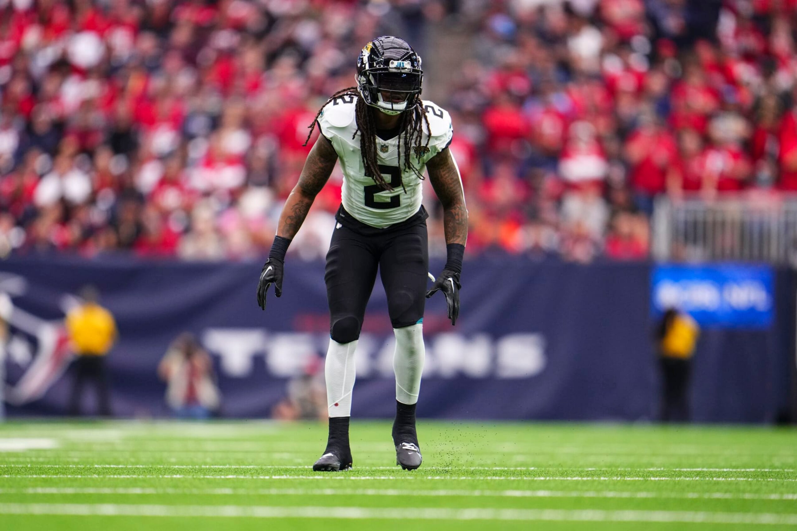 HOUSTON, TX - NOVEMBER 26: Rayshawn Jenkins #2 of the Jacksonville Jaguars lines up during an NFL football game against the Houston Texans at NRG Stadium on November 26, 2023 in Houston, Texas. (Photo by Cooper Neill/Getty Images)
