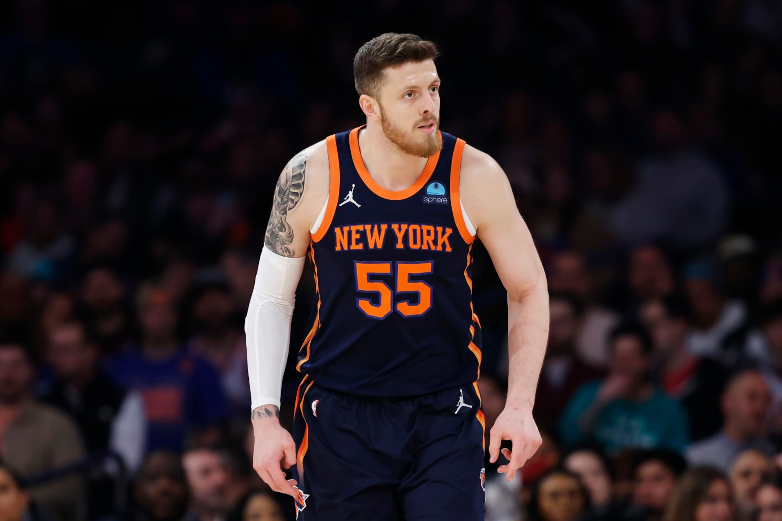 NEW YORK, NEW YORK - MARCH 08: Isaiah Hartenstein #55 of the New York Knicks looks on during the first half against the Orlando Magic at Madison Square Garden on March 08, 2024 in New York City. NOTE TO USER: User expressly acknowledges and agrees that, by downloading and or using this photograph, User is consenting to the terms and conditions of the Getty Images License Agreement. (Photo by Sarah Stier/Getty Images)
