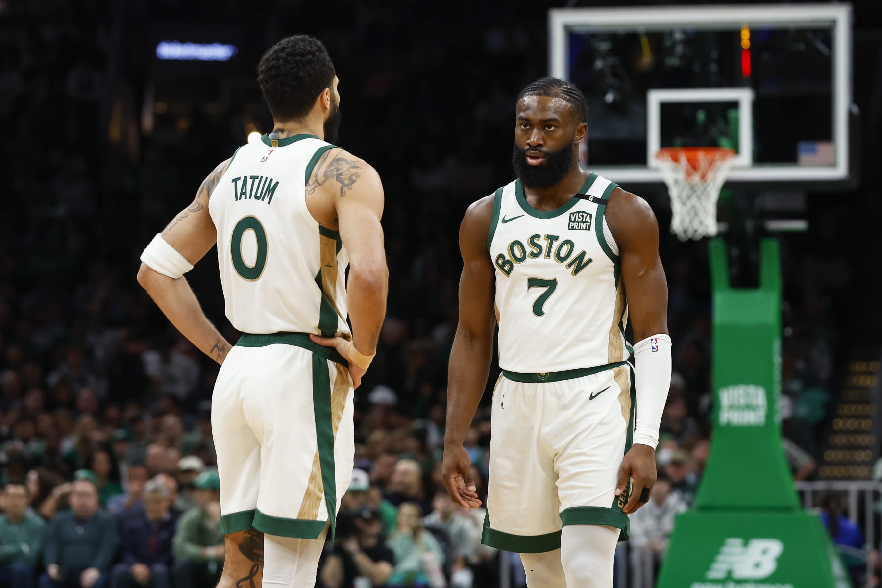 BOSTON, MA - FEBRUARY 9: Jaylen Brown #7 of the Boston Celtics and Jayson Tatum #0 during the first quarter against the Washington Wizards at TD Garden on February 9, 2024 in Boston, Massachusetts. NOTE TO USER: User expressly acknowledges and agrees that, by downloading and/or using this Photograph, user is consenting to the terms and conditions of the Getty Images License Agreement. (Photo By Winslow Townson/Getty Images)