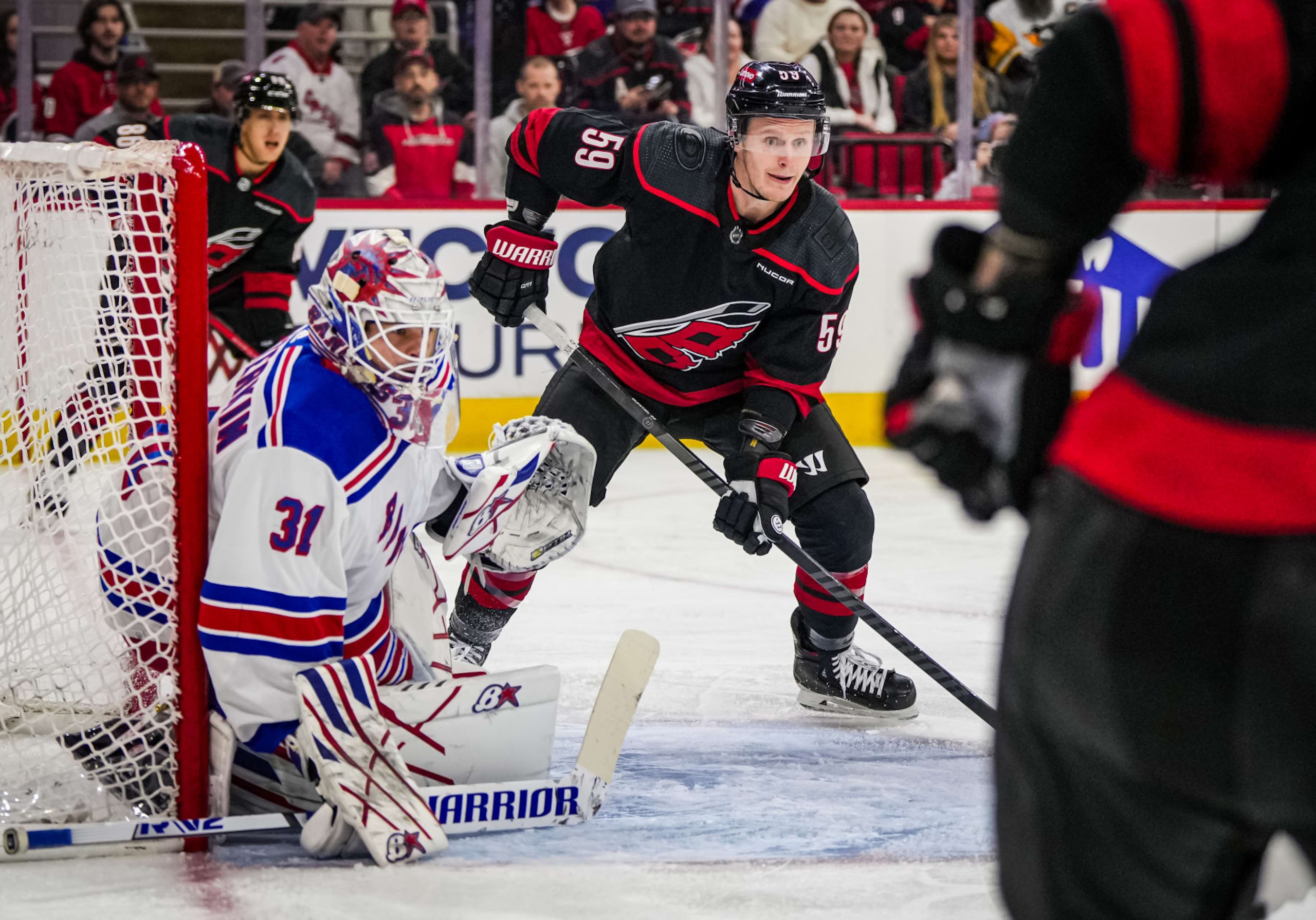 RALEIGH, NORTH CAROLINA - MARCH 12:  Jake Guentzel #59 of the Carolina Hurricanes skates during the first period against the New York Rangers at PNC Arena on March 12, 2024 in Raleigh, North Carolina. (Photo by Josh Lavallee/NHLI via Getty Images)