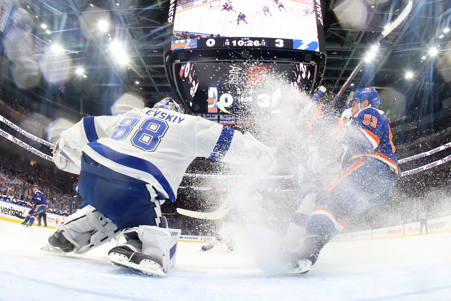 ELMONT, NEW YORK - FEBRUARY 24:  Andrei Vasilevskiy #88 of the Tampa Bay Lightning tends net against Casey Cizikas #53 of the New York Islanders during the second period at UBS Arena on February 24, 2024 in Elmont, New York. (Photo by Mike Stobe/NHLI via Getty Images)