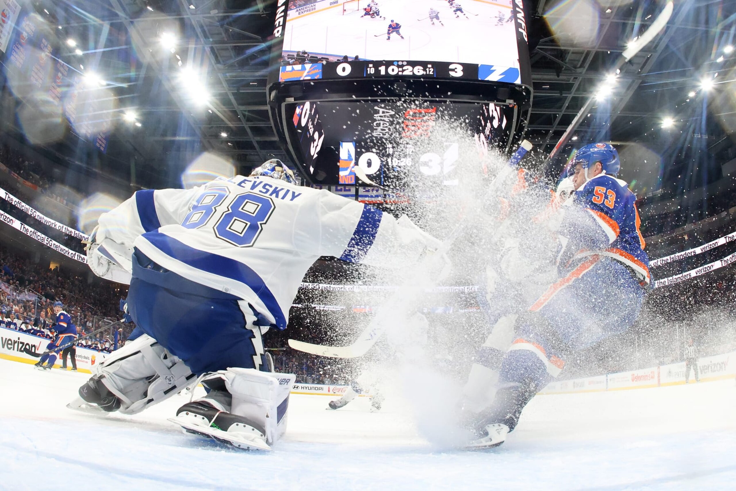 ELMONT, NEW YORK - FEBRUARY 24:  Andrei Vasilevskiy #88 of the Tampa Bay Lightning tends net against Casey Cizikas #53 of the New York Islanders during the second period at UBS Arena on February 24, 2024 in Elmont, New York. (Photo by Mike Stobe/NHLI via Getty Images)