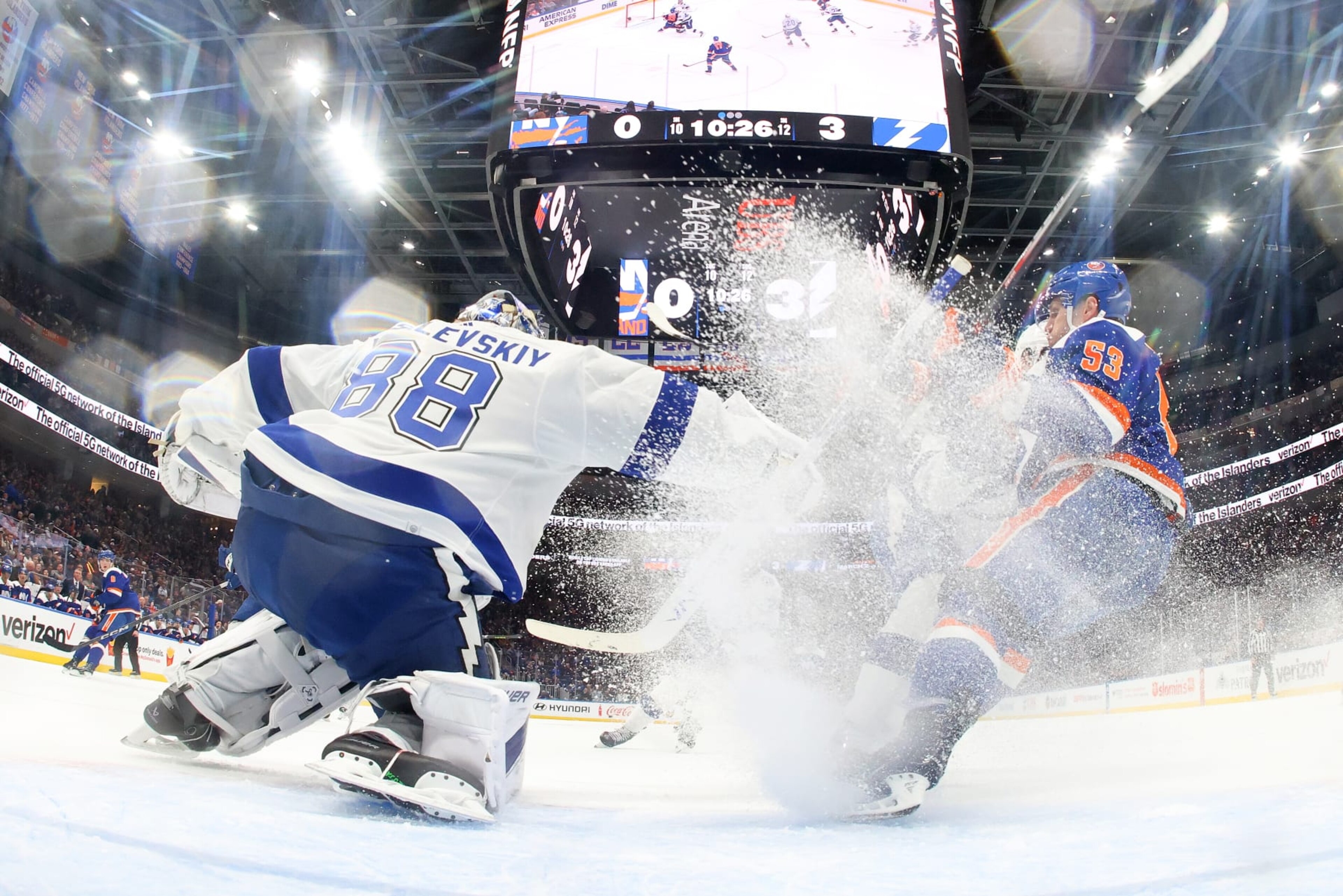 ELMONT, NEW YORK - FEBRUARY 24:  Andrei Vasilevskiy #88 of the Tampa Bay Lightning tends net against Casey Cizikas #53 of the New York Islanders during the second period at UBS Arena on February 24, 2024 in Elmont, New York. (Photo by Mike Stobe/NHLI via Getty Images)