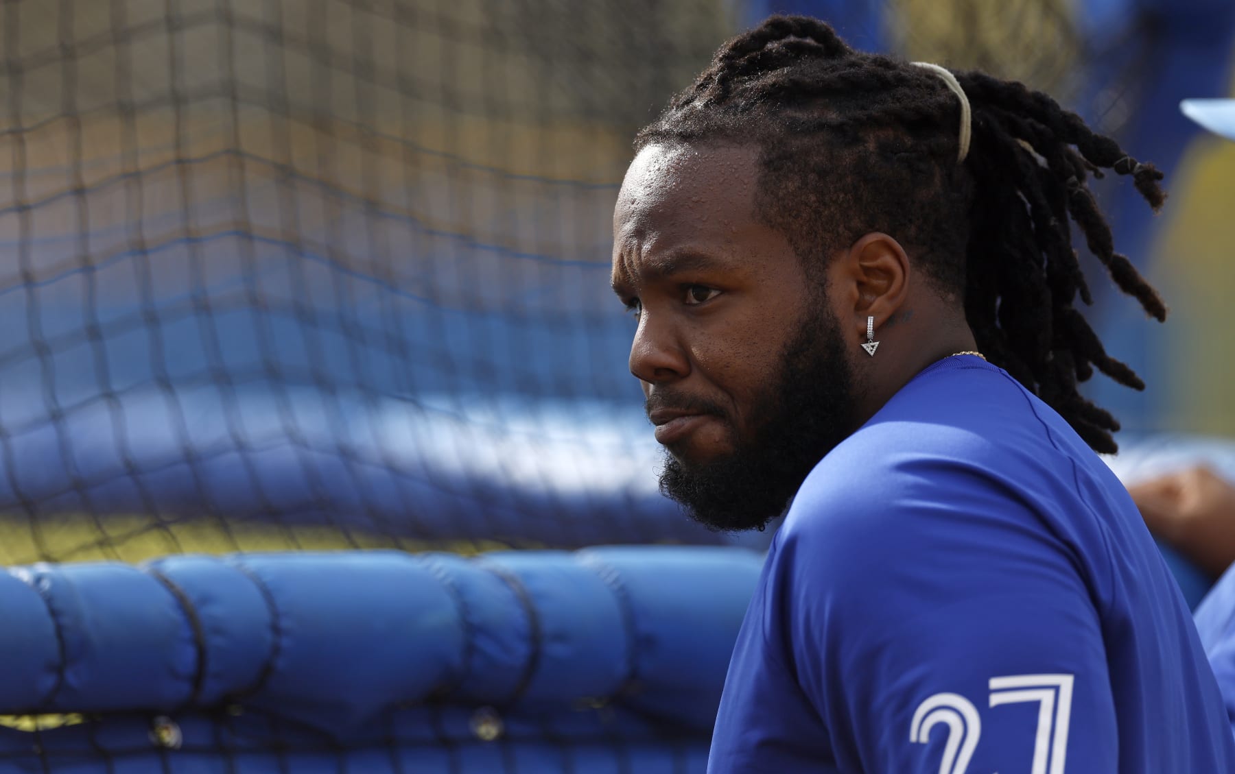 DUNEDIN, FLORIDA - FEBRUARY 23: Vladimir Guerrero Jr. #27 of the Toronto Blue Jays works out during spring training at TD Ballpark on February 23, 2024 in Dunedin, Florida. (Photo by Mike Ehrmann/Getty Images)