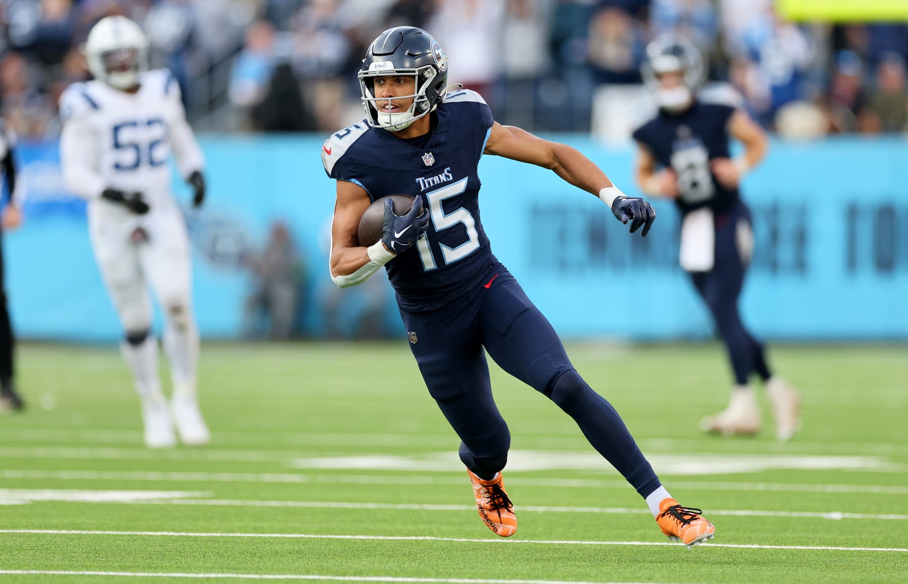 NASHVILLE, TENNESSEE - DECEMBER 03: Nick Westbrook-Ikhine #15 of the Tennessee Titans against the Indianapolis Colts at Nissan Stadium on December 03, 2023 in Nashville, Tennessee. (Photo by Andy Lyons/Getty Images) NASHVILLE, TENNESSEE - DECEMBER 03: Nick Westbrook-Ikhine #15 of the Tennessee Titans against the Indianapolis Colts at Nissan Stadium on December 03, 2023 in Nashville, Tennessee. (Photo by Andy Lyons/Getty Images)