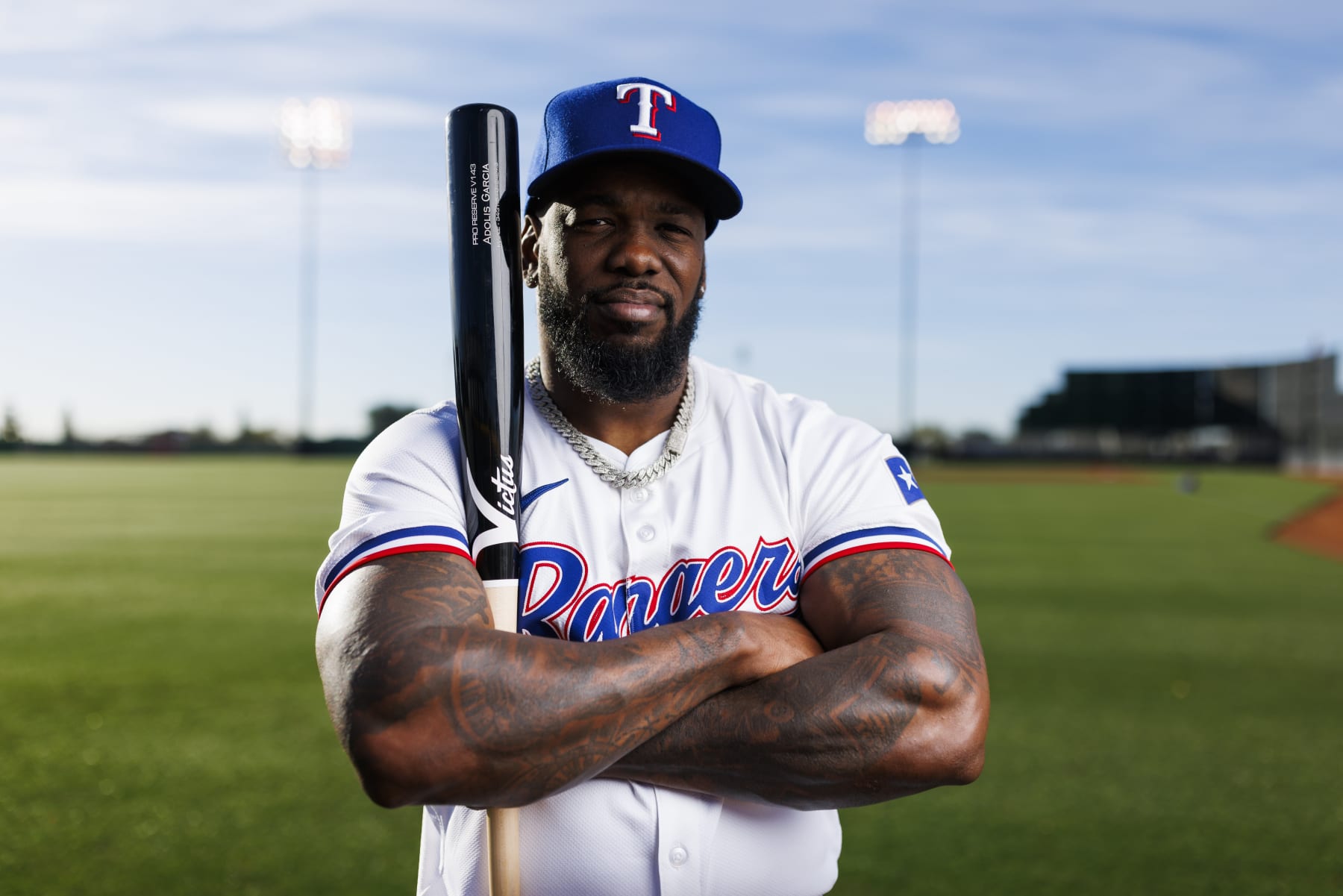 SURPRISE, AZ - FEBRUARY 20: Outfielder Adolis Garcia (53) poses for a portrait during Texas Rangers photo day on February 20, 2024 at Surprise Stadium in Surprise, AZ. (Photo by Ric Tapia/Icon Sportswire via Getty Images)