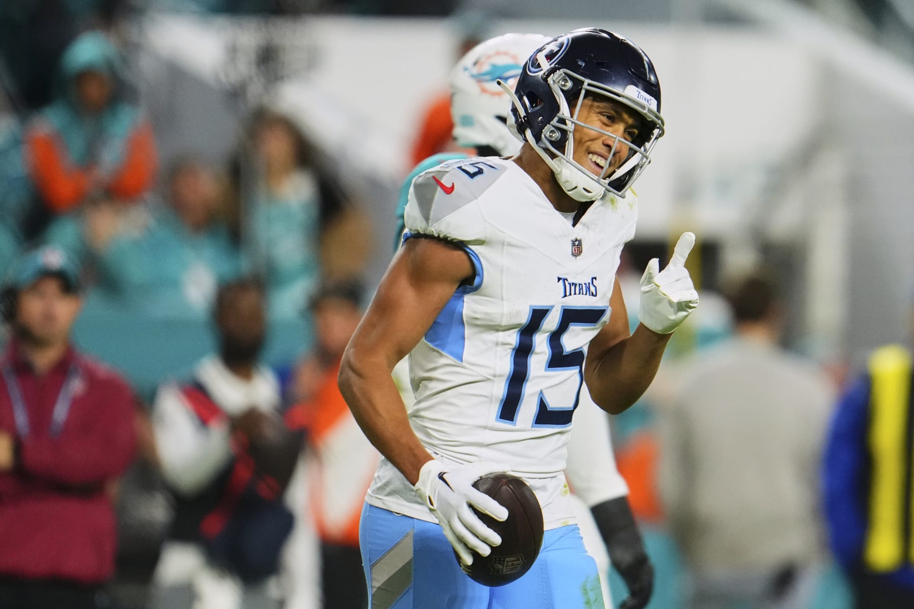 MIAMI GARDENS, FL - DECEMBER 11: Nick Westbrook-Ikhine #15 of the Tennessee Titans celebrates after a score against the Miami Dolphins during the second half at Hard Rock Stadium on December 11, 2023 in Miami Gardens, Florida. (Photo by Cooper Neill/Getty Images)