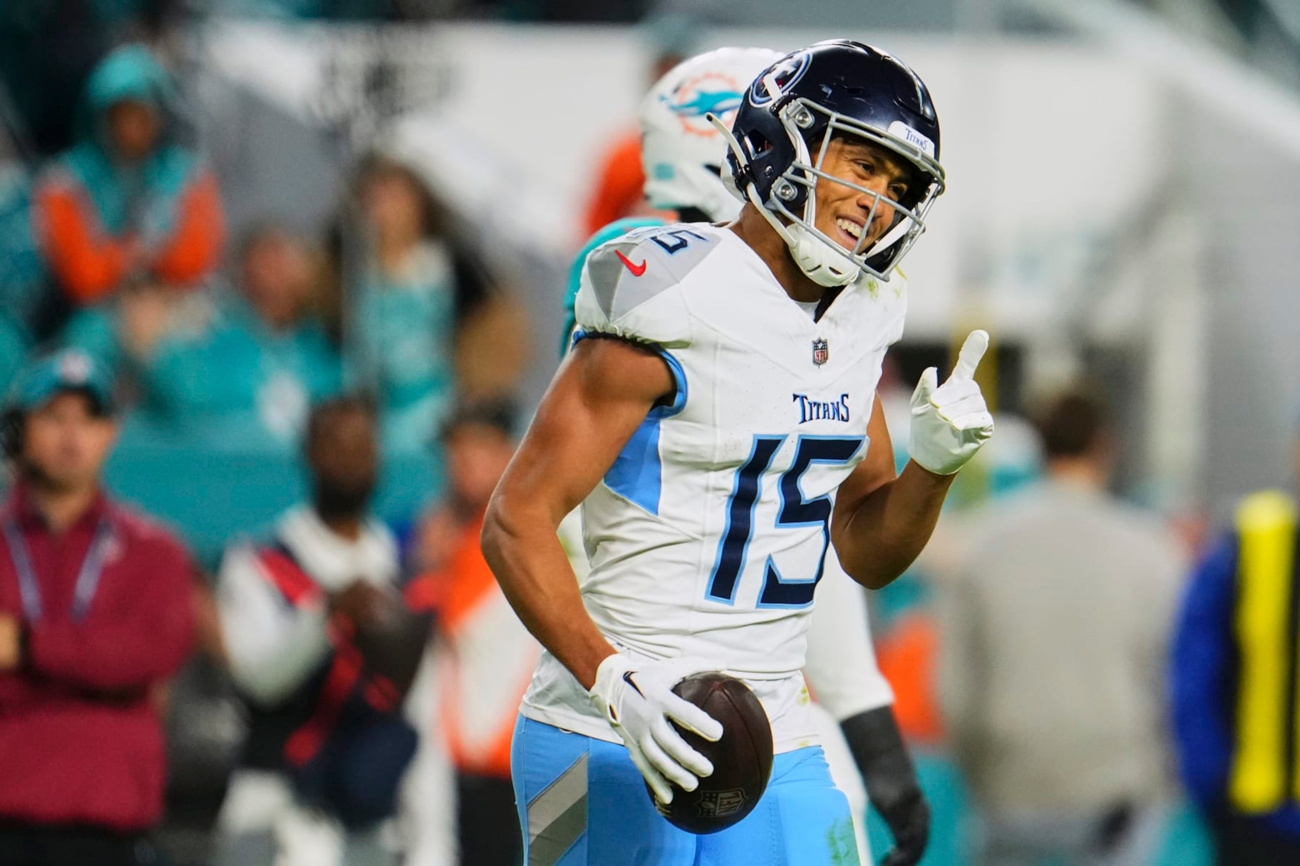 MIAMI GARDENS, FL - DECEMBER 11: Nick Westbrook-Ikhine #15 of the Tennessee Titans celebrates after a score against the Miami Dolphins during the second half at Hard Rock Stadium on December 11, 2023 in Miami Gardens, Florida. (Photo by Cooper Neill/Getty Images)
