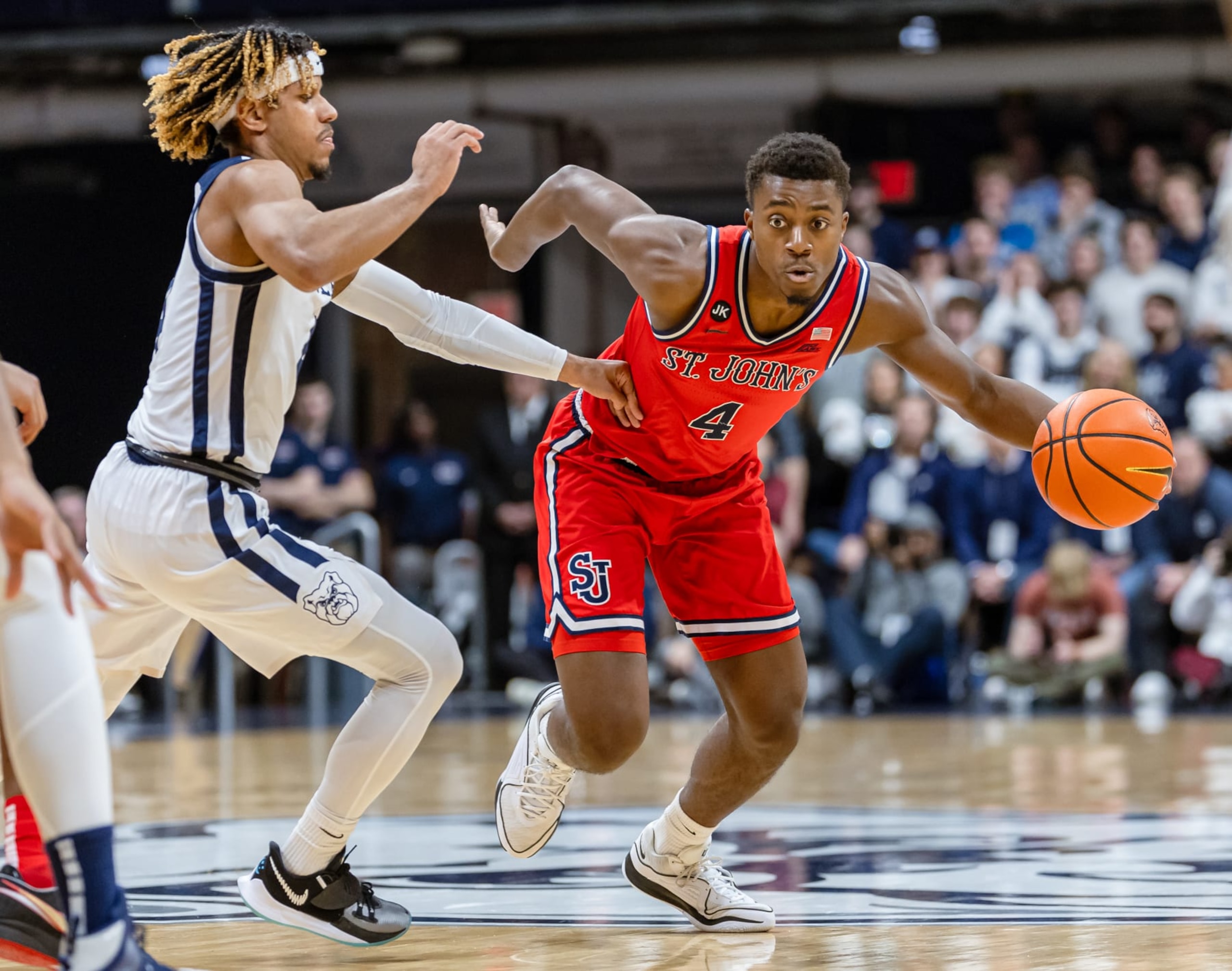 INDIANAPOLIS, INDIANA - FEBRUARY 28: Nahiem Alleyne #4 of the St. John's Red Storm dribbles during the game against the Butler Bulldogs at Hinkle Fieldhouse on February 28, 2024 in Indianapolis, Indiana. (Photo by Michael Hickey/Getty Images)